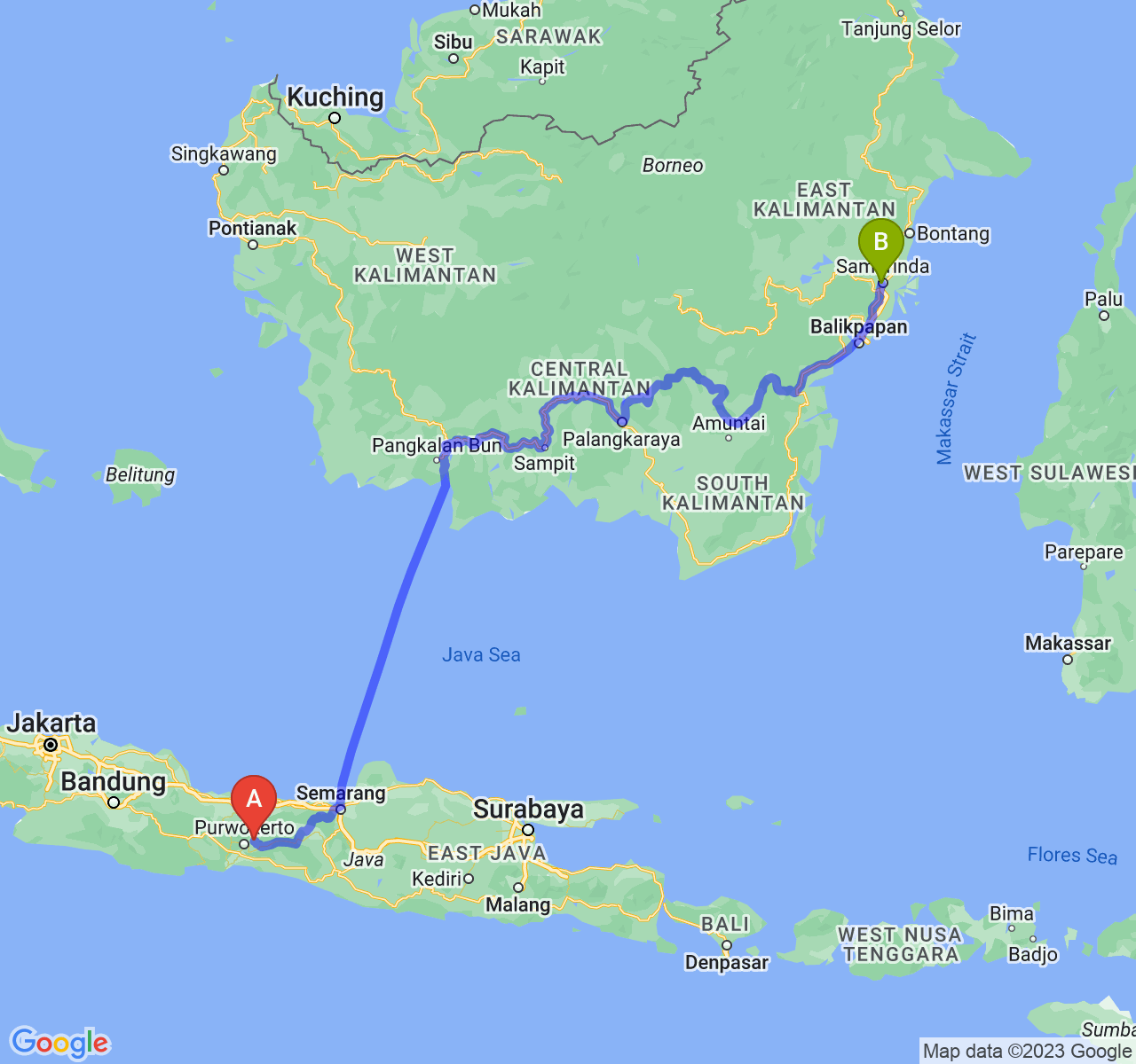 perjalanan dengan rute Kab. Purbalingga-Kota Samarinda