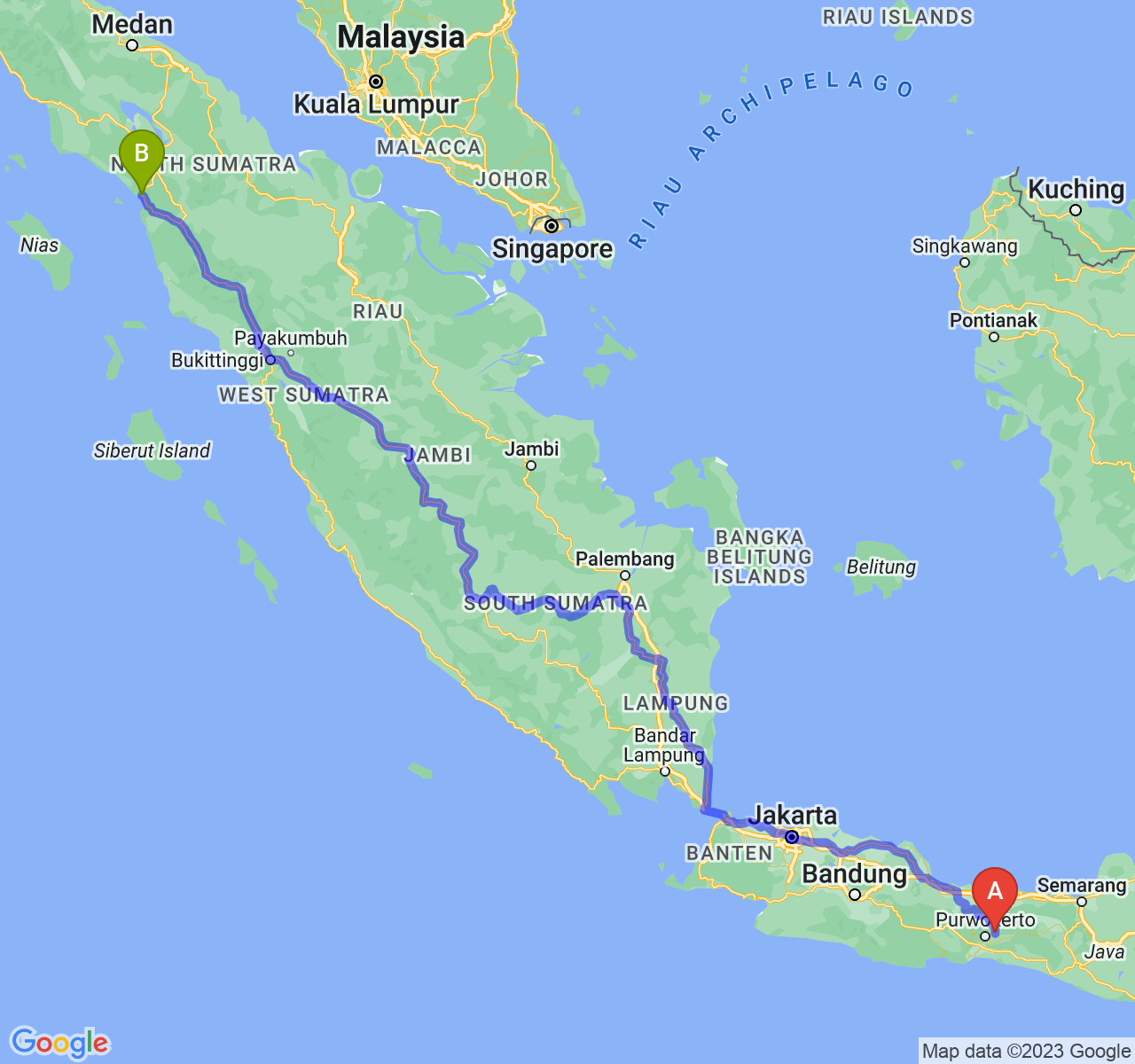 perjalanan dengan rute Kab. Purbalingga-Kota Sibolga