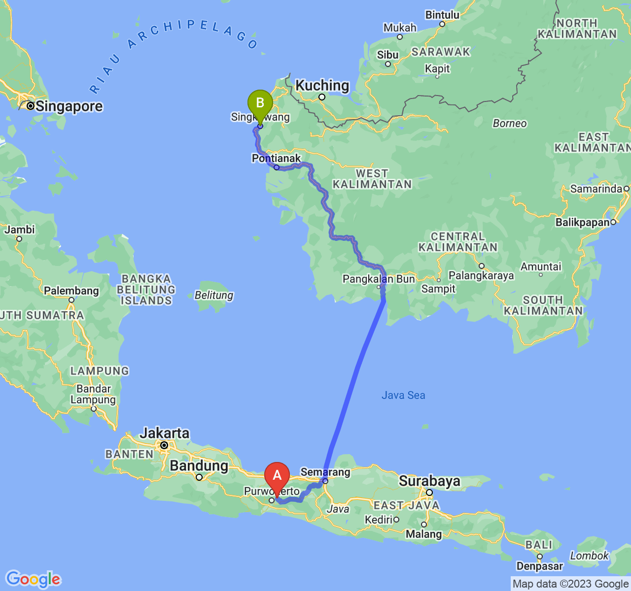 perjalanan dengan rute Kab. Purbalingga-Kota Singkawang