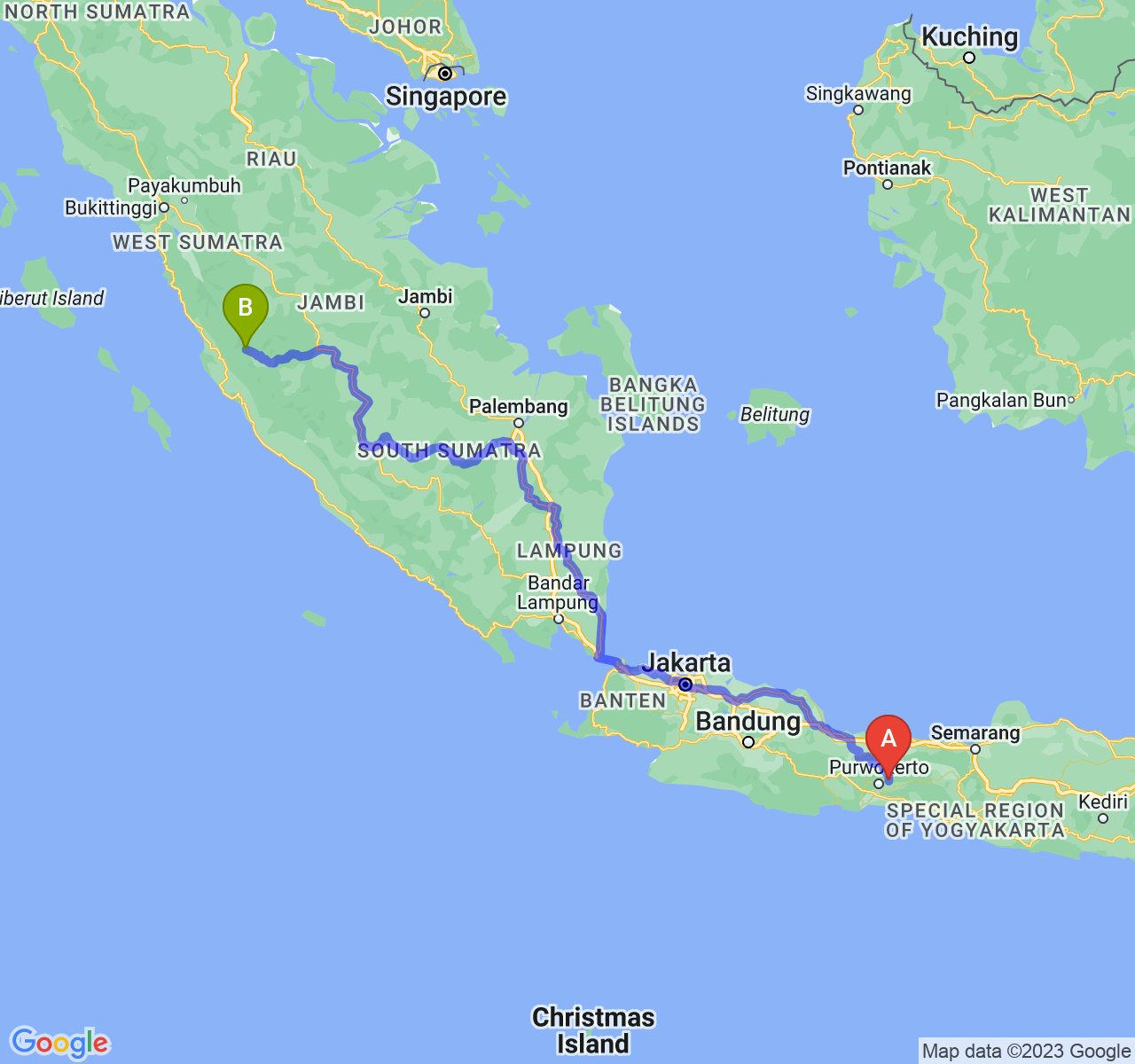 perjalanan dengan rute Kab. Purbalingga-Kota Sungai Penuh