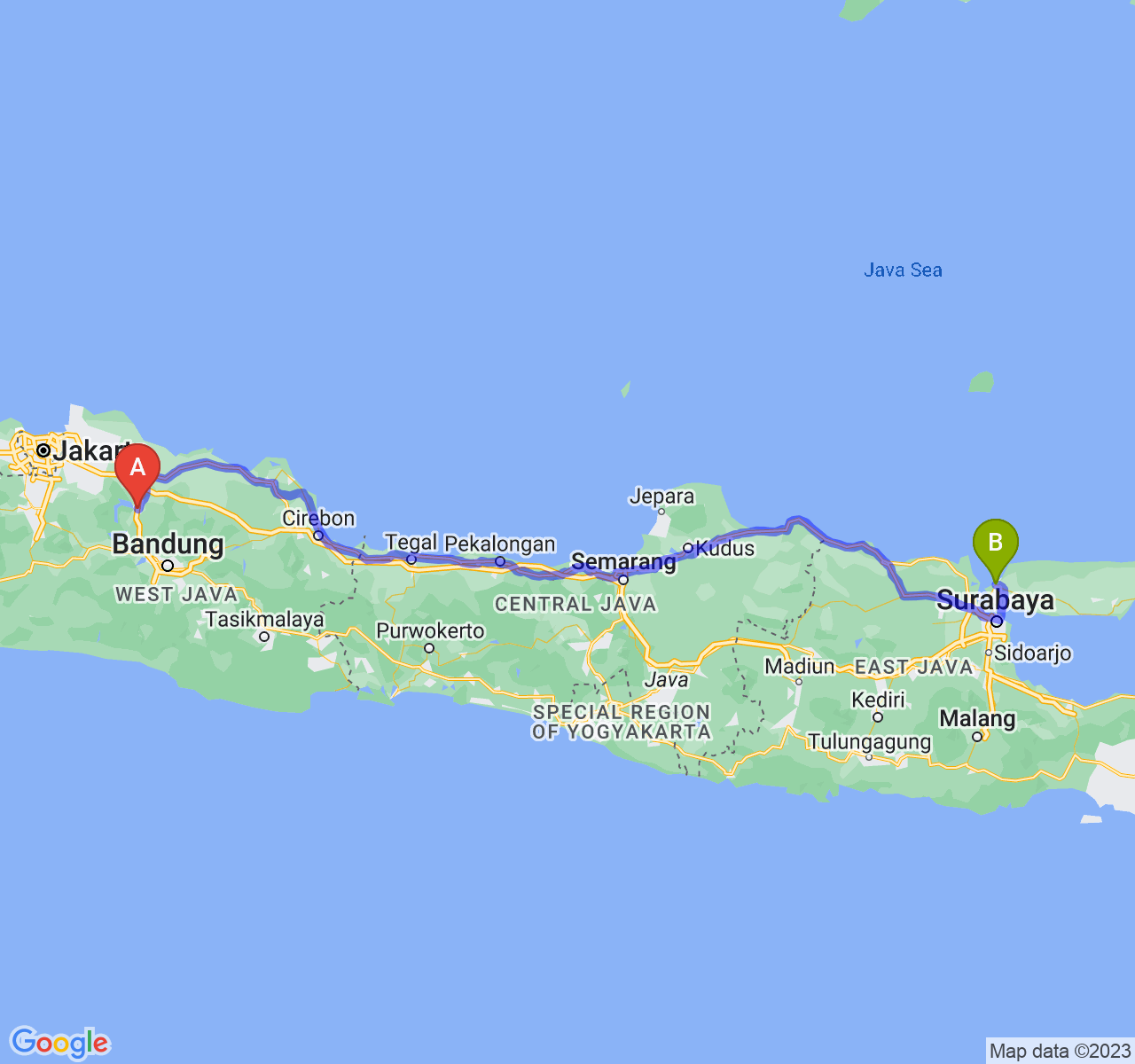 perjalanan dengan rute Kab. Purwakarta-Kab. Bangkalan