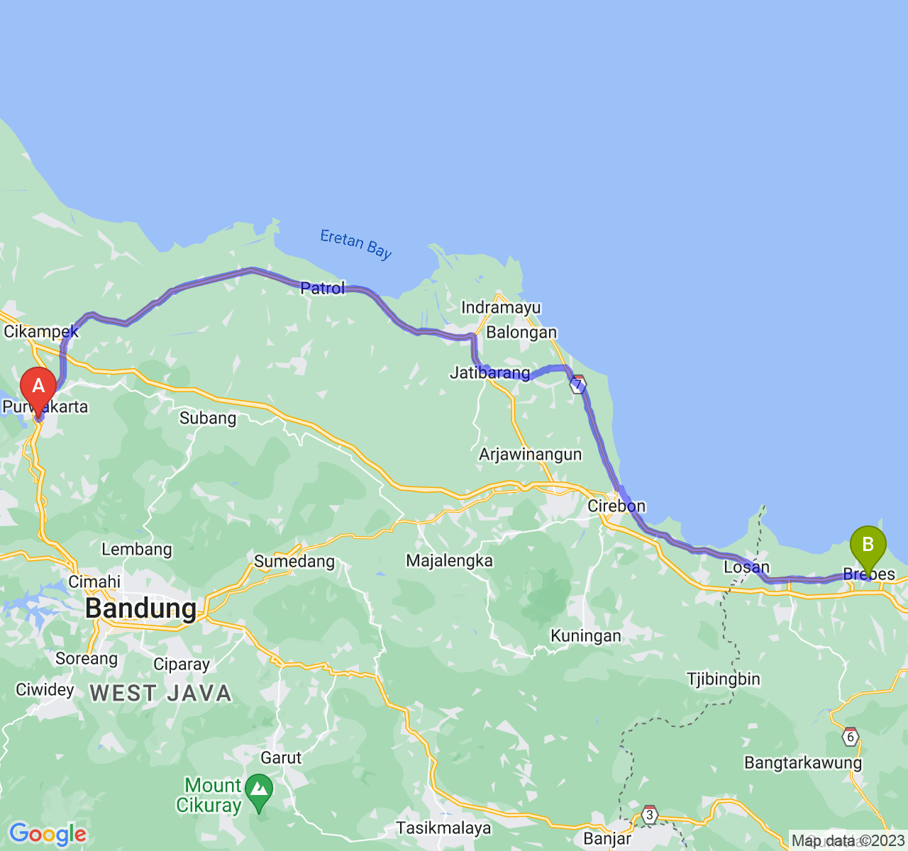 perjalanan dengan rute Kab. Purwakarta-Kab. Brebes