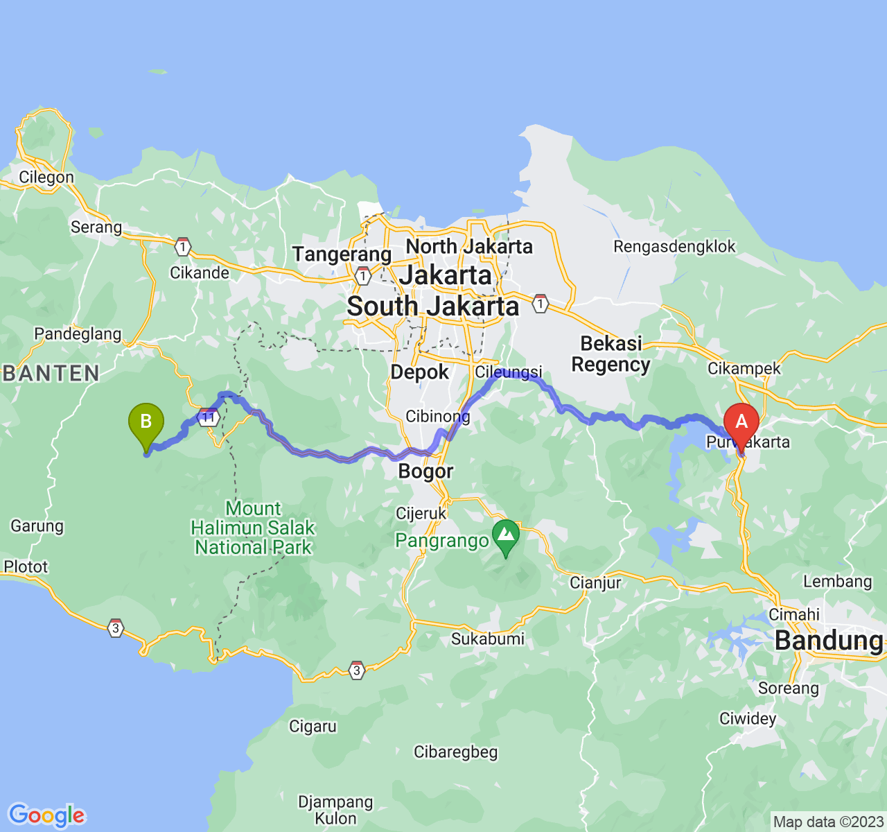 perjalanan dengan rute Kab. Purwakarta-Kab. Lebak