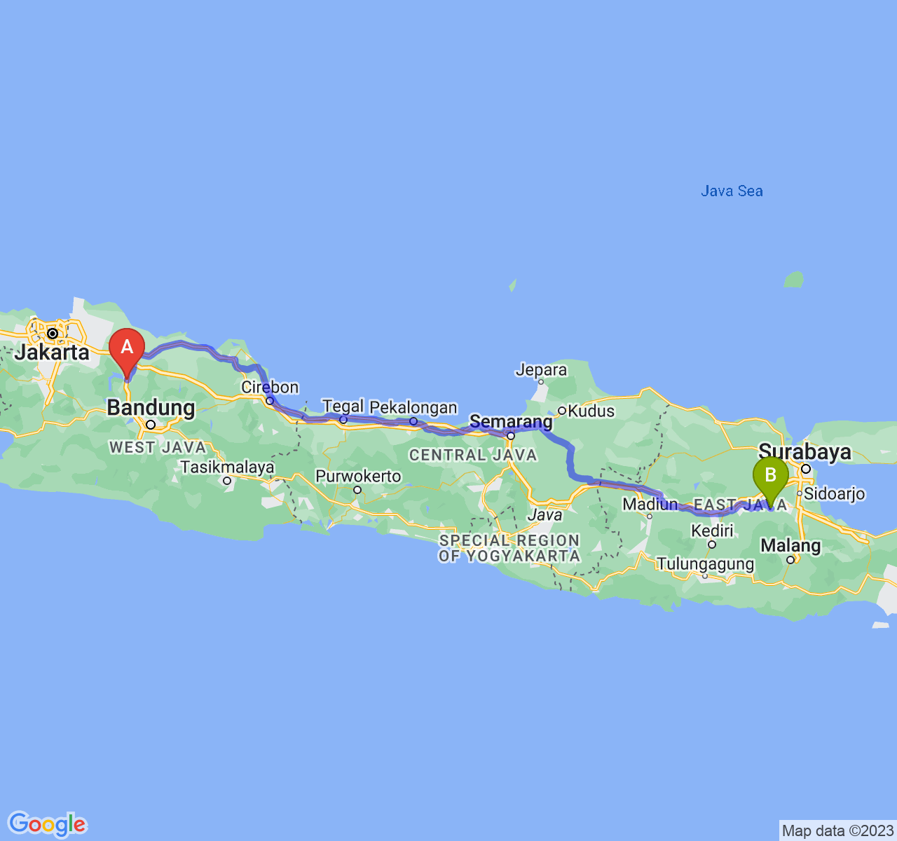 perjalanan dengan rute Kab. Purwakarta-Kab. Mojokerto