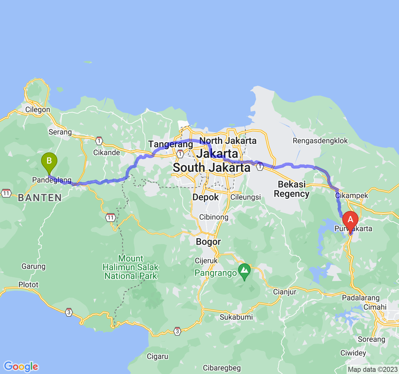 perjalanan dengan rute Kab. Purwakarta-Kab. Pandeglang