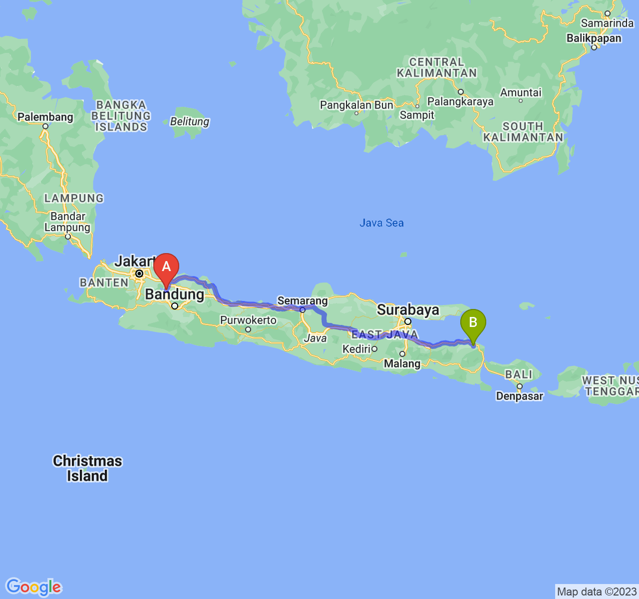 perjalanan dengan rute Kab. Purwakarta-Kab. Situbondo