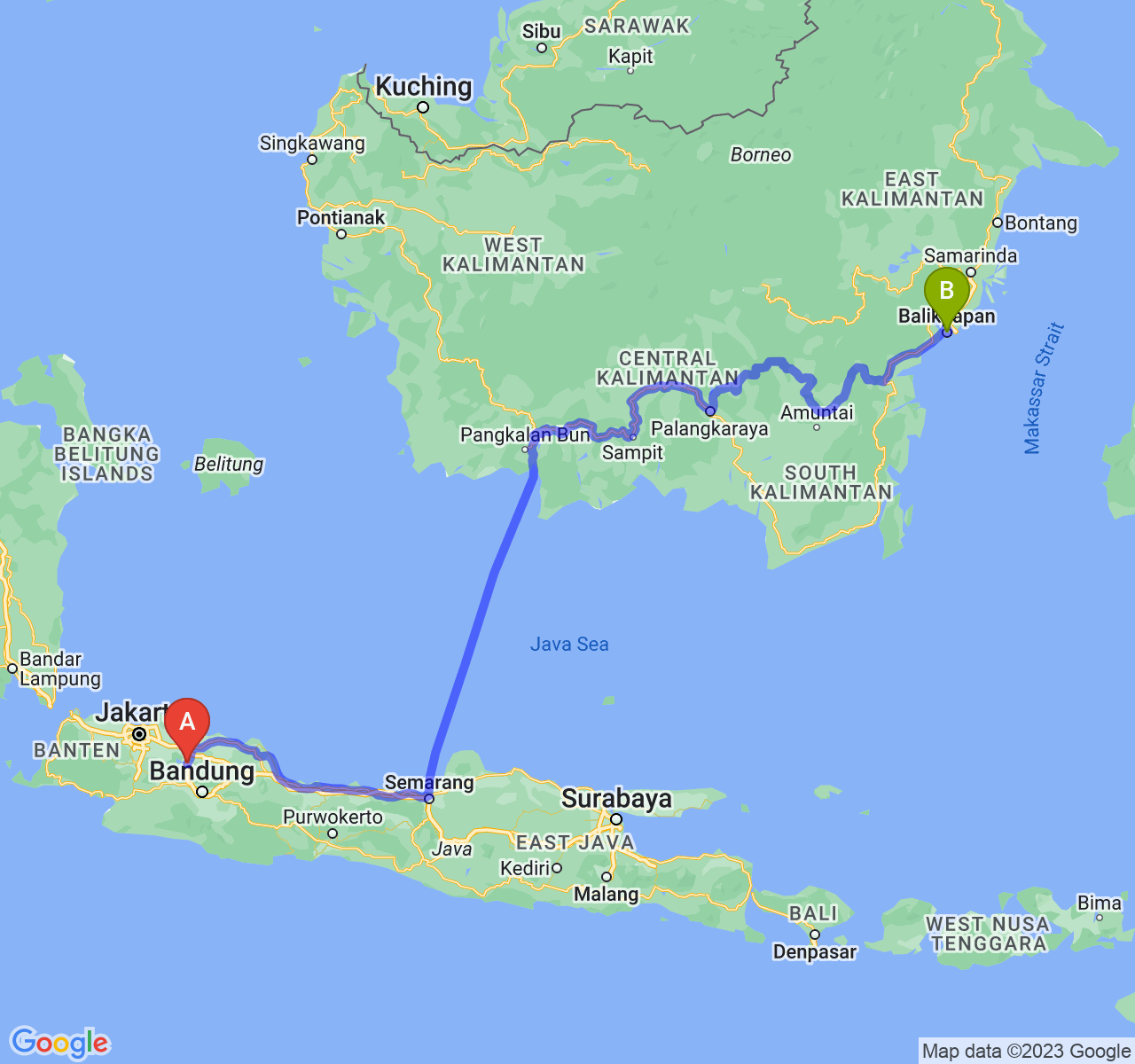 perjalanan dengan rute Kab. Purwakarta-Kota Balikpapan