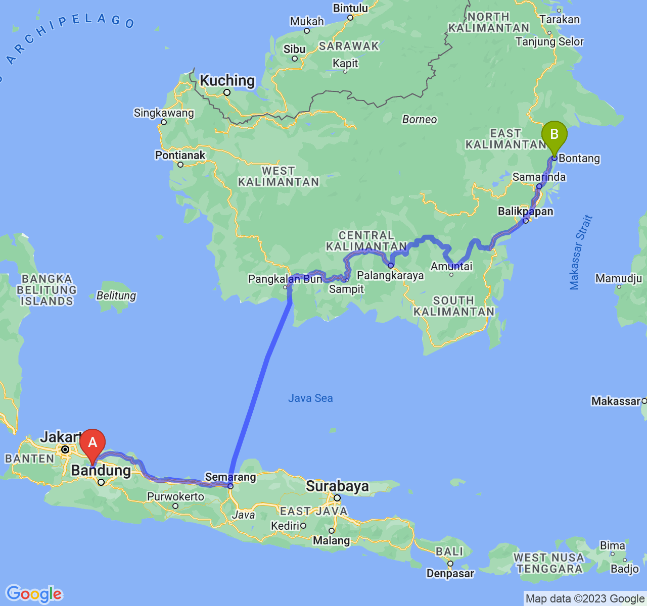 perjalanan dengan rute Kab. Purwakarta-Kota Bontang