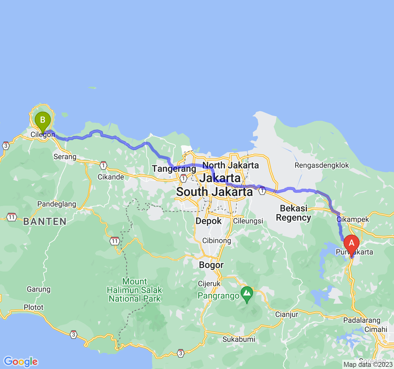 perjalanan dengan rute Kab. Purwakarta-Kota Cilegon