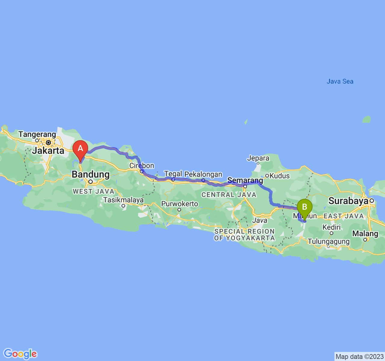 perjalanan dengan rute Kab. Purwakarta-Kota Madiun