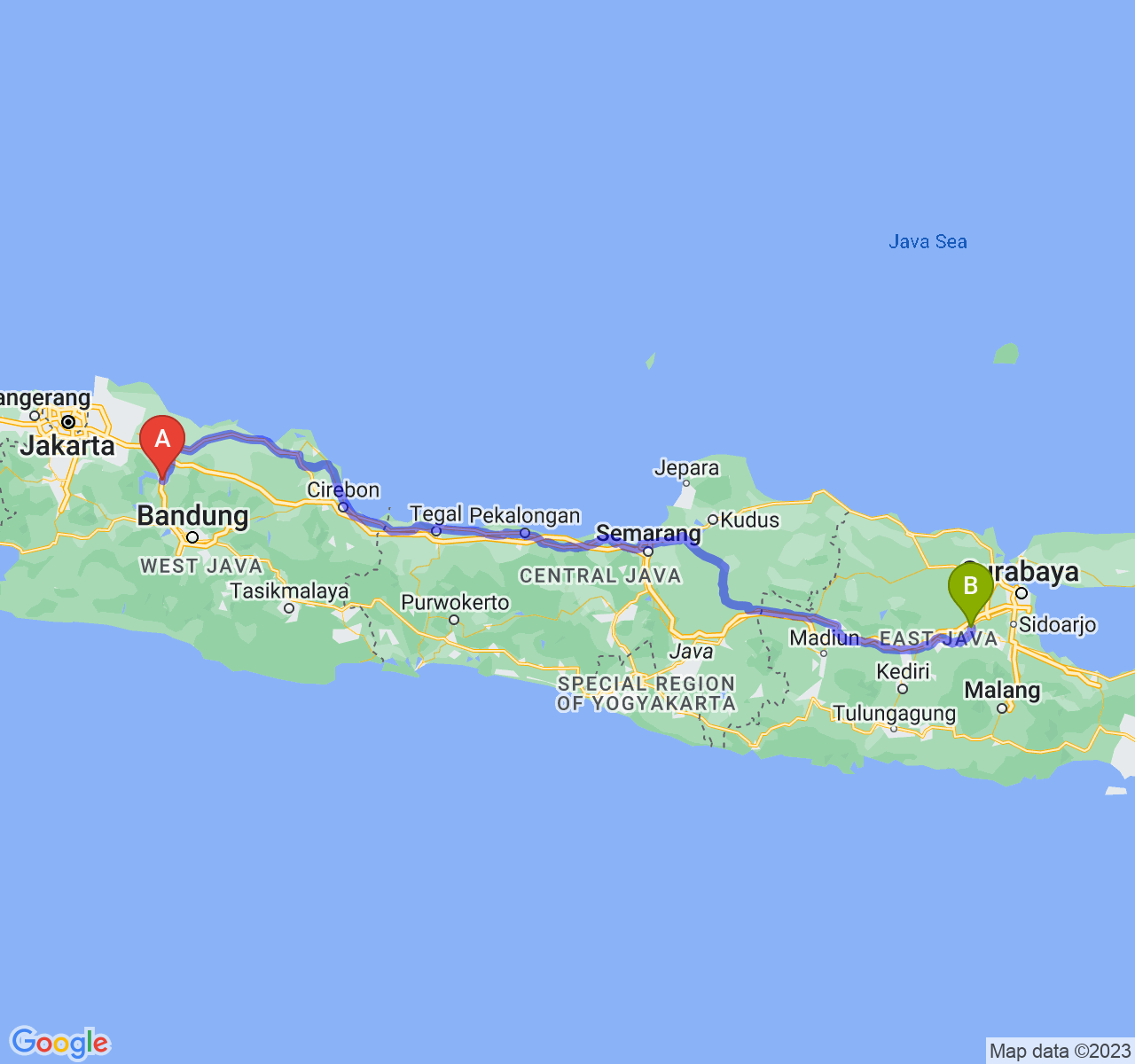 perjalanan dengan rute Kab. Purwakarta-Kota Mojokerto