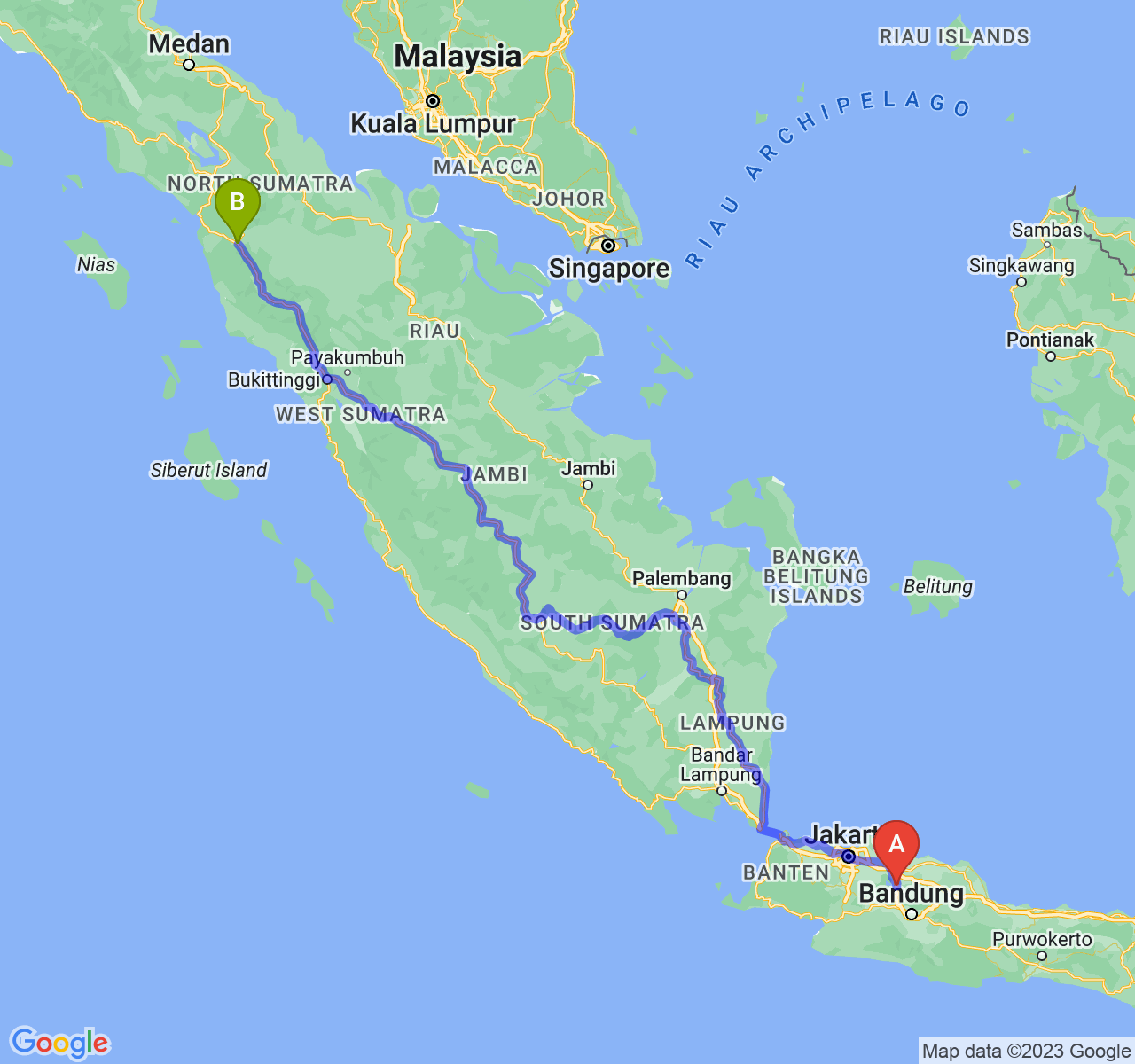 perjalanan dengan rute Kab. Purwakarta-Kota Padang Sidimpuan