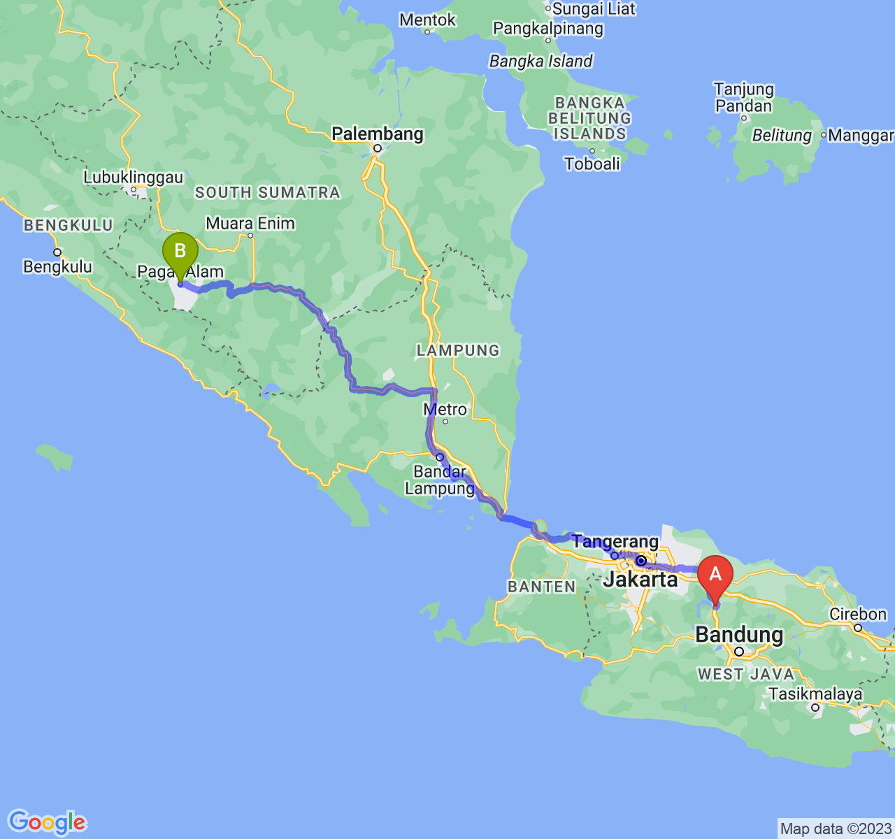 perjalanan dengan rute Kab. Purwakarta-Kota Pagar Alam