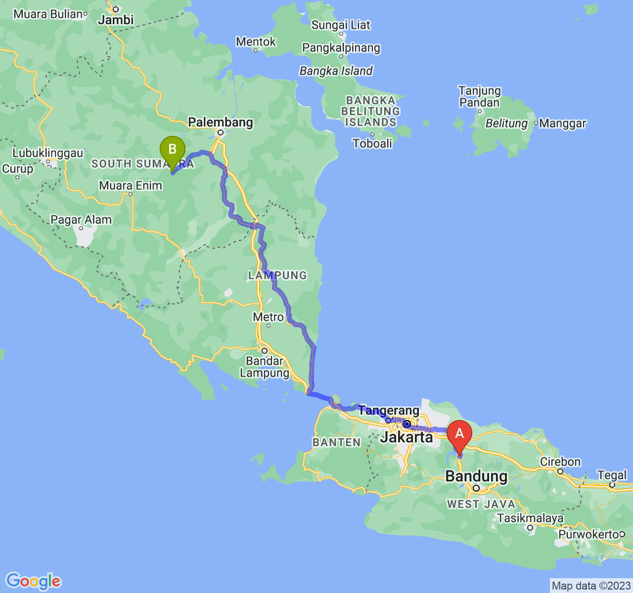 perjalanan dengan rute Kab. Purwakarta-Kota Prabumulih