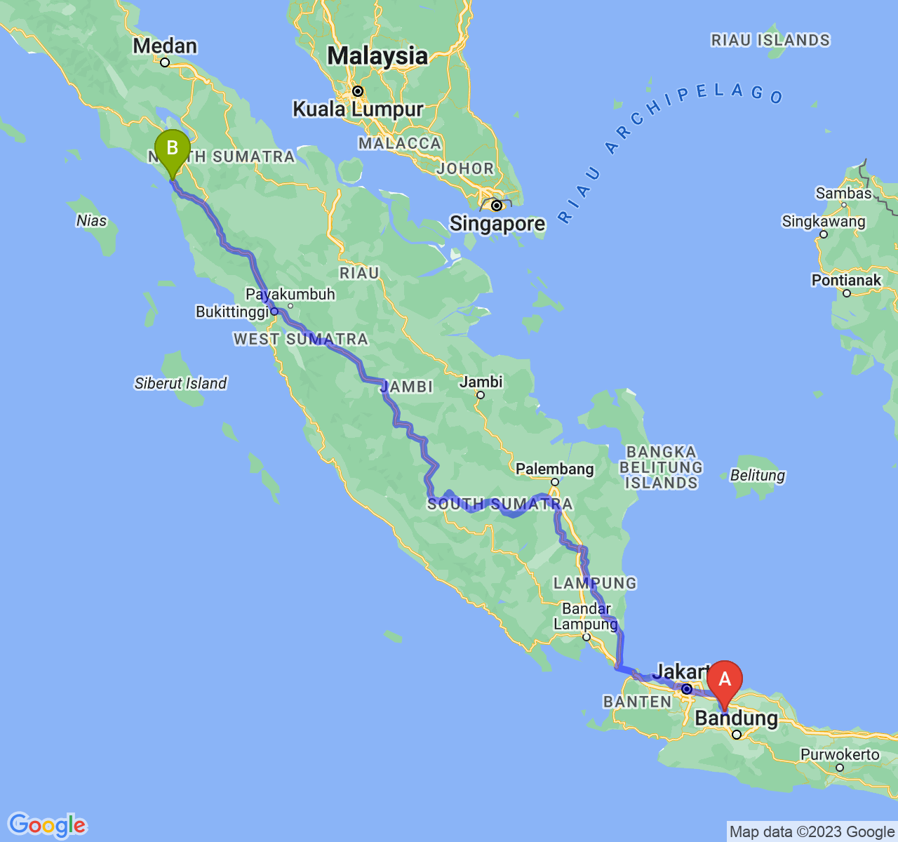 perjalanan dengan rute Kab. Purwakarta-Kota Sibolga