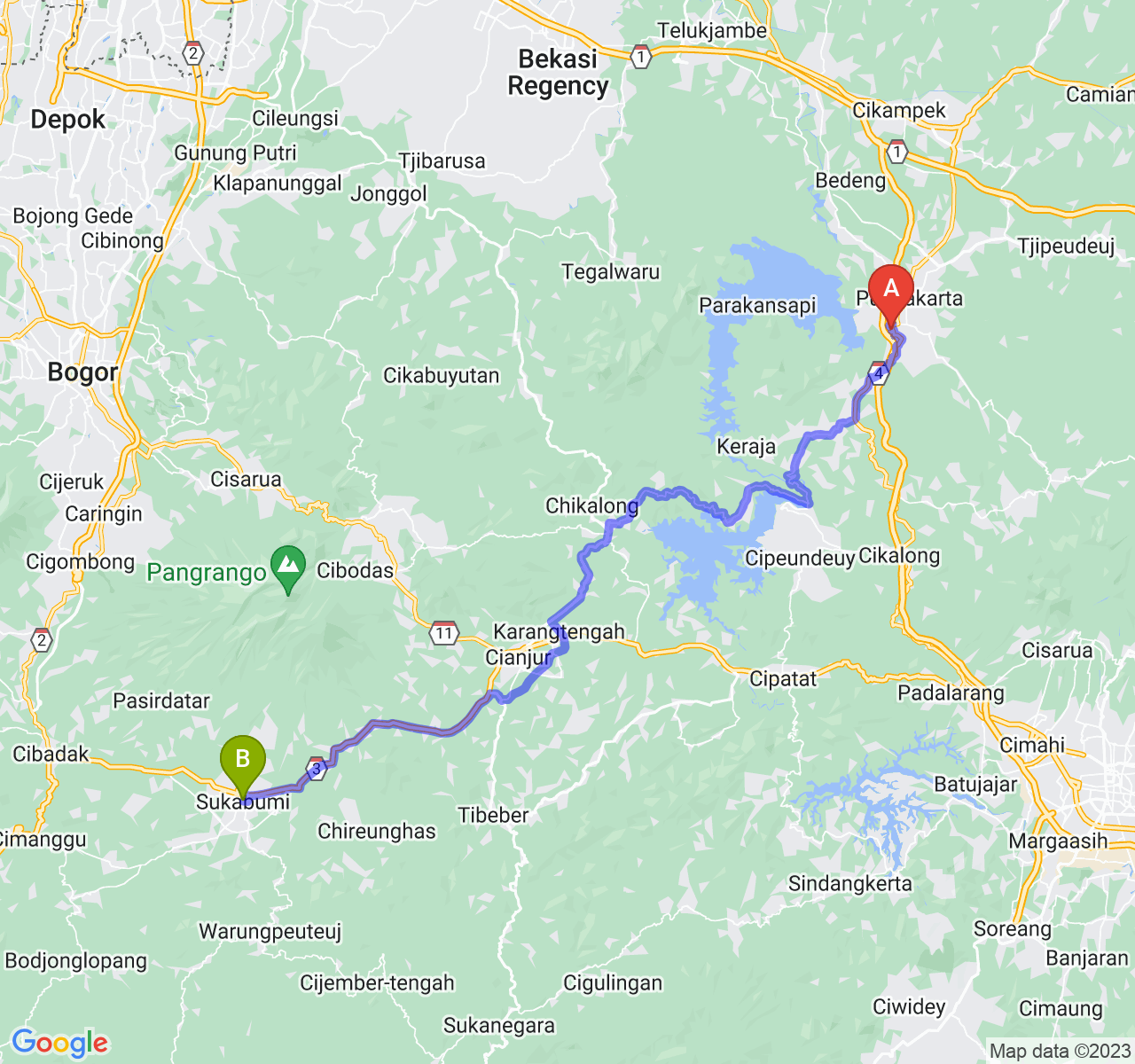 perjalanan dengan rute Kab. Purwakarta-Kota Sukabumi