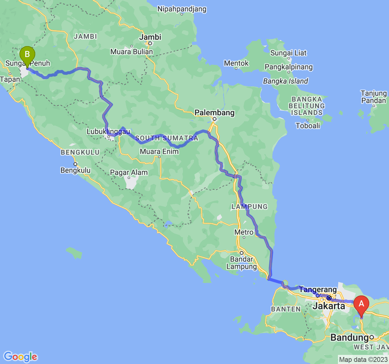 perjalanan dengan rute Kab. Purwakarta-Kota Sungai Penuh