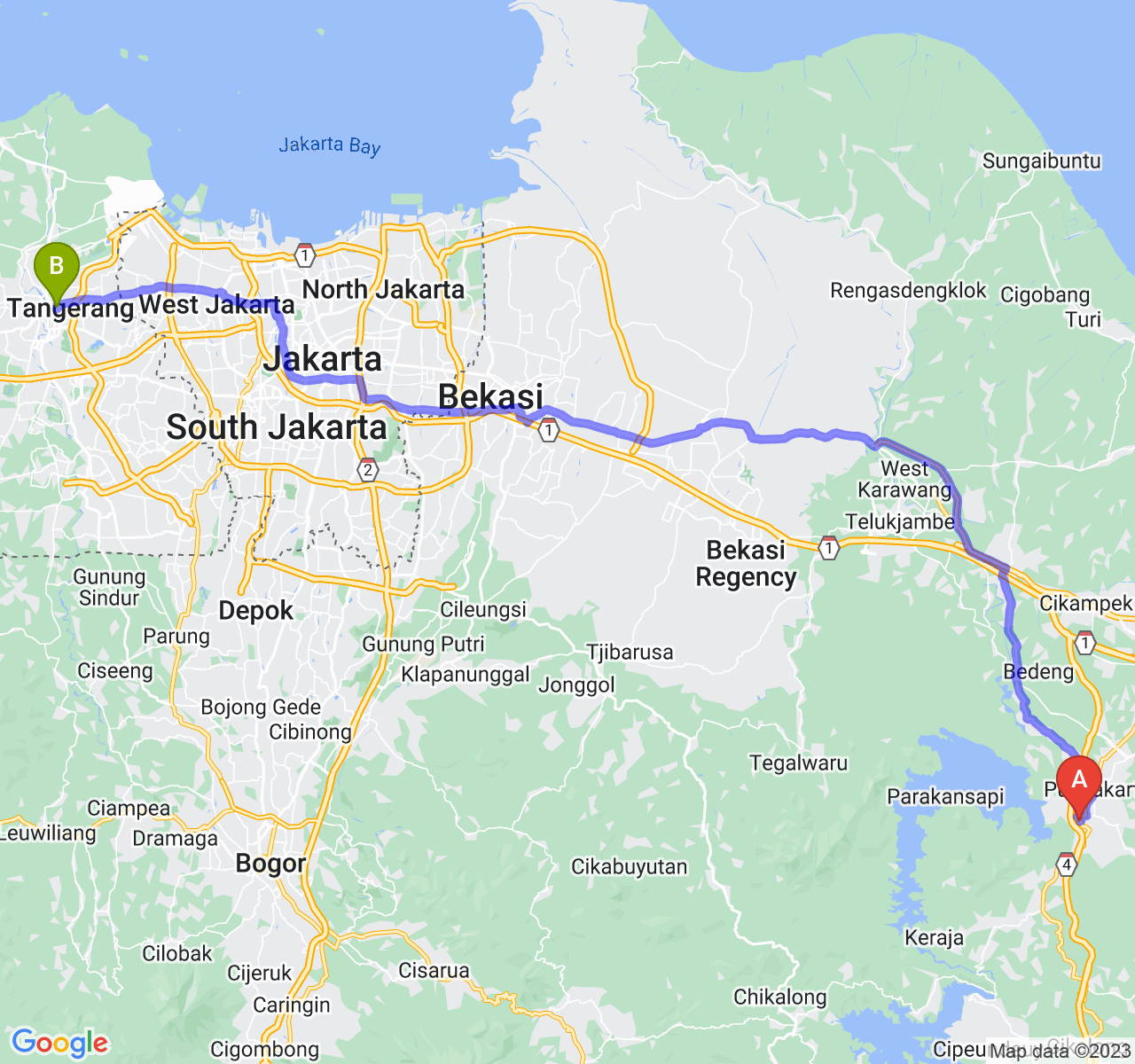 perjalanan dengan rute Kab. Purwakarta-Kota Tangerang