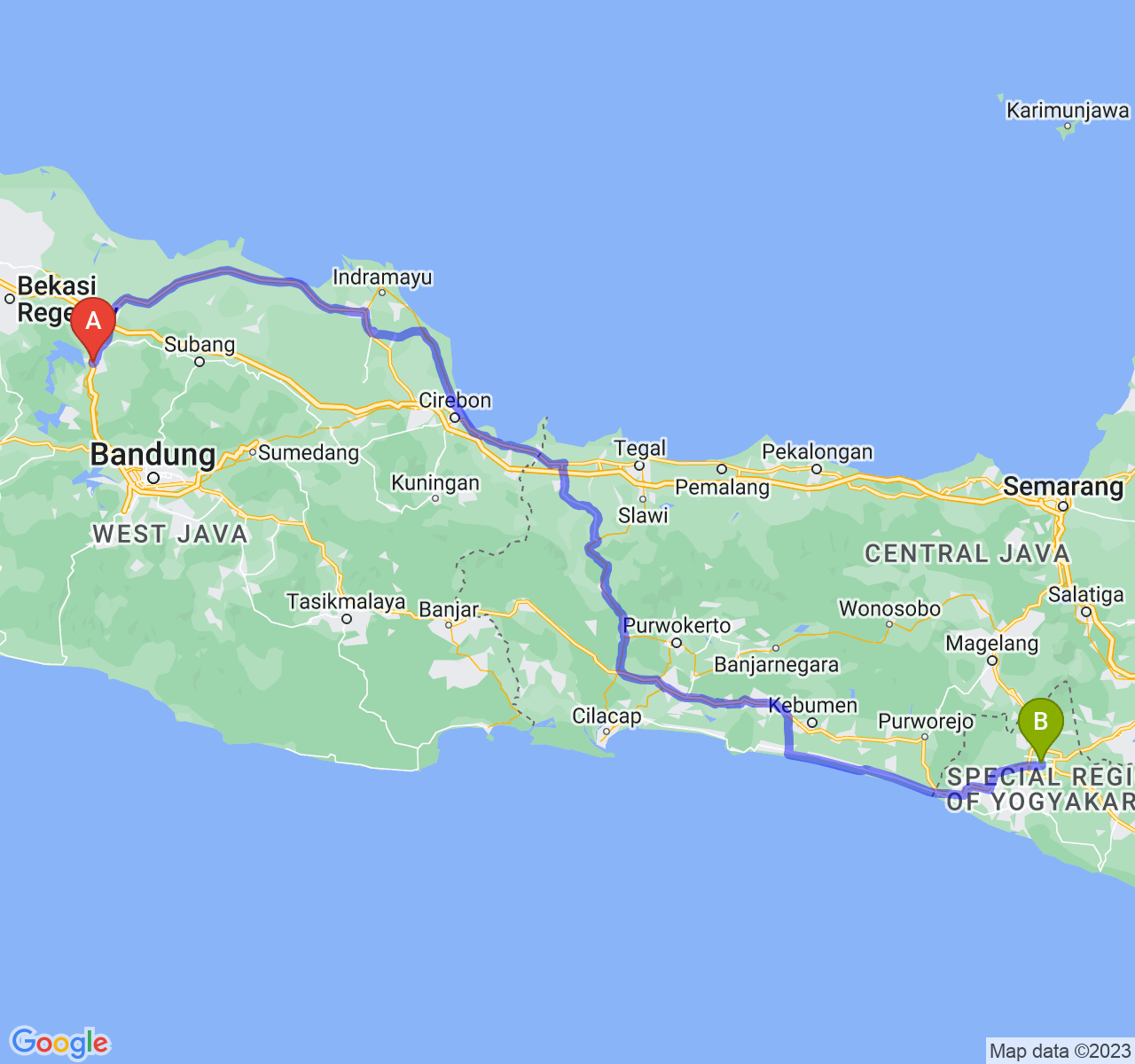 perjalanan dengan rute Kab. Purwakarta-Kota Yogyakarta