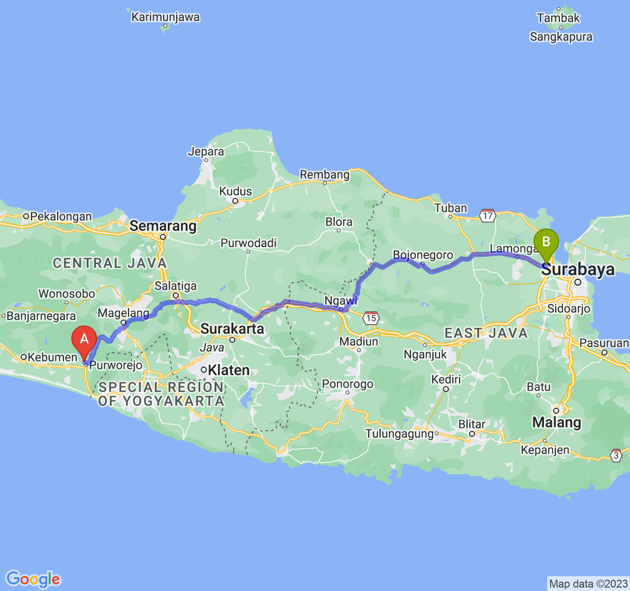 perjalanan dengan rute Kab. Purworejo-Kab. Gresik