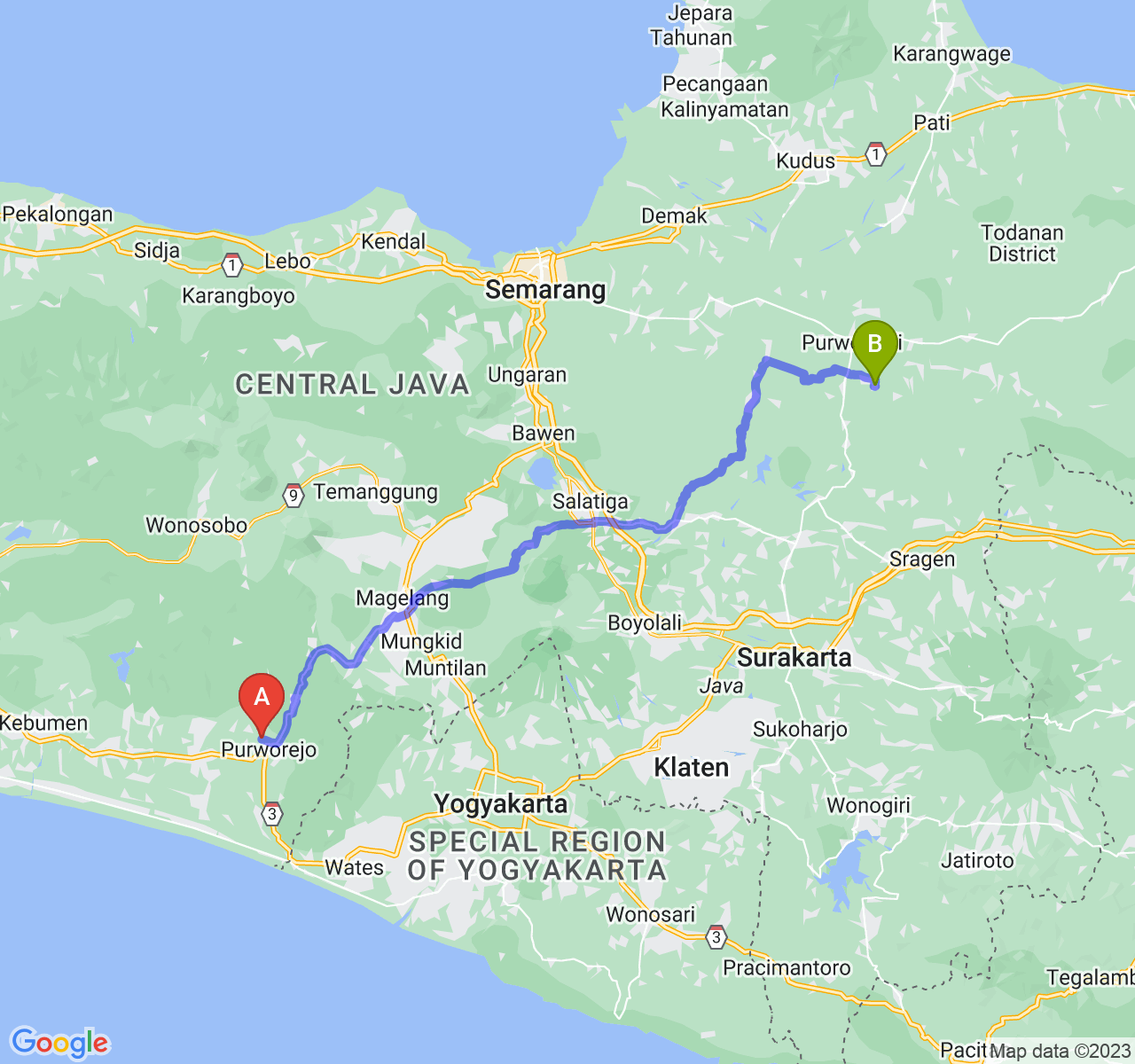 perjalanan dengan rute Kab. Purworejo-Kab. Grobogan