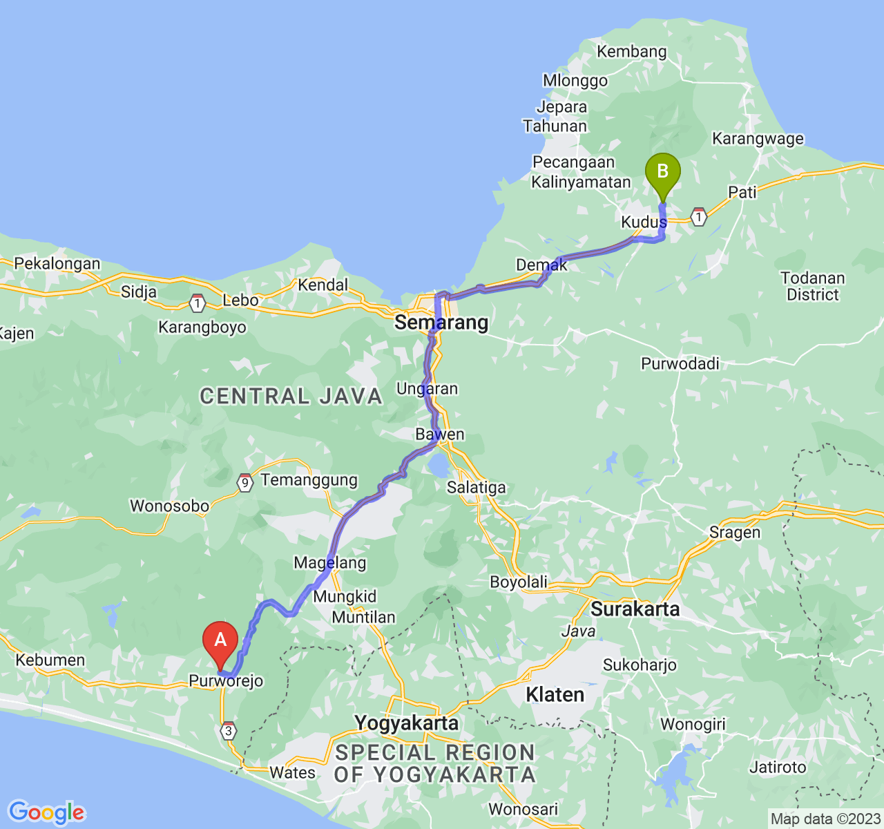 perjalanan dengan rute Kab. Purworejo-Kab. Kudus