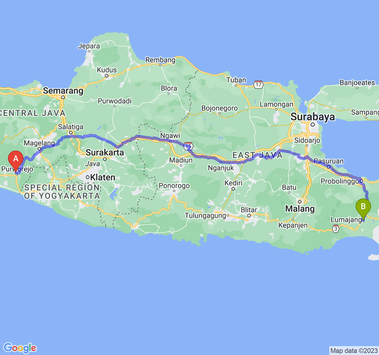 perjalanan dengan rute Kab. Purworejo-Kab. Lumajang