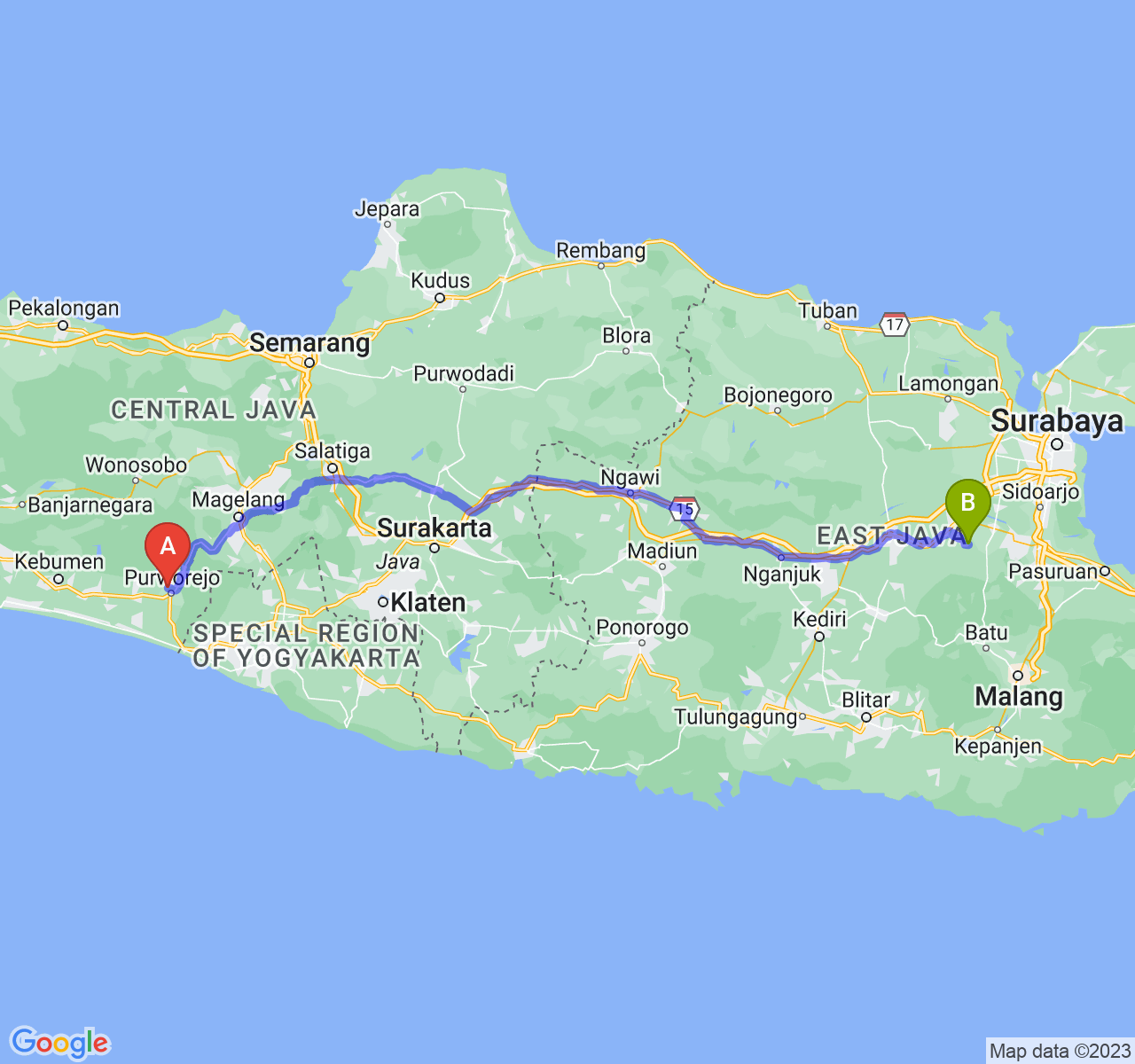 perjalanan dengan rute Kab. Purworejo-Kab. Mojokerto