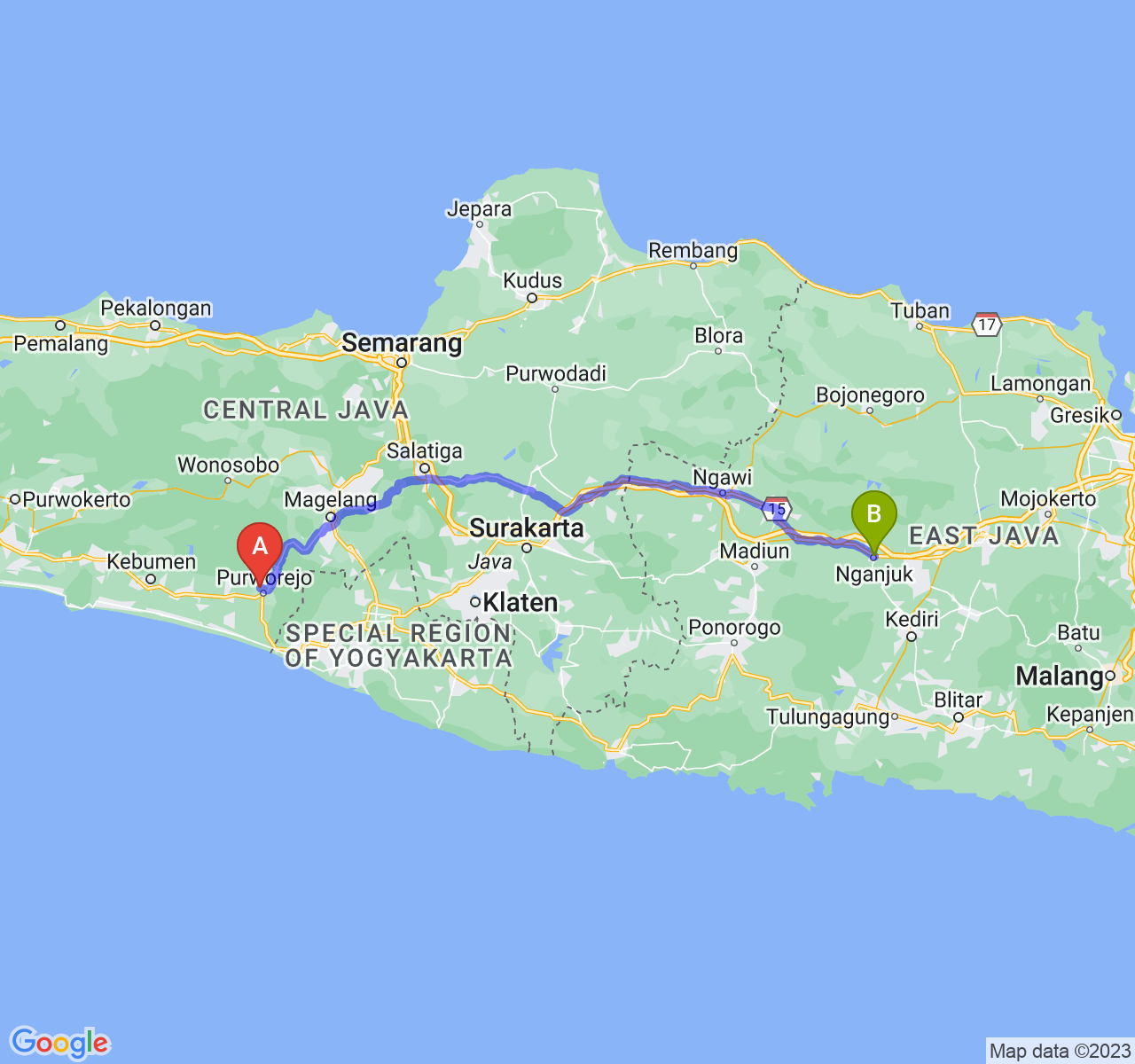 perjalanan dengan rute Kab. Purworejo-Kab. Nganjuk