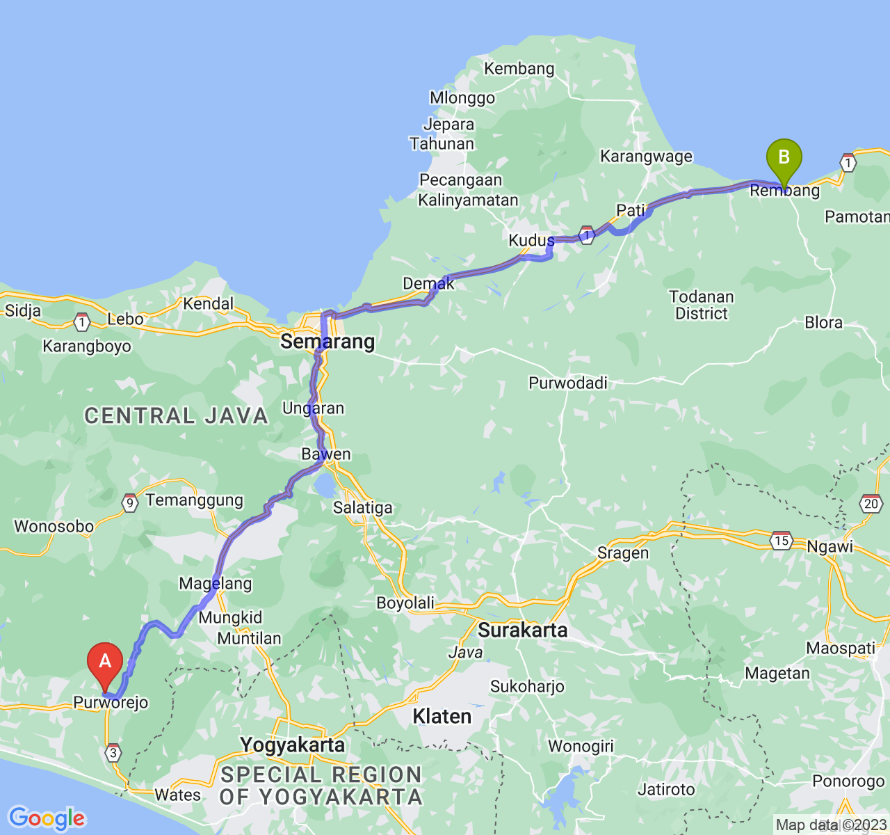 perjalanan dengan rute Kab. Purworejo-Kab. Rembang