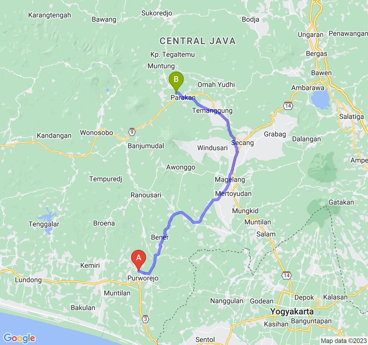 perjalanan dengan rute Kab. Purworejo-Kab. Temanggung