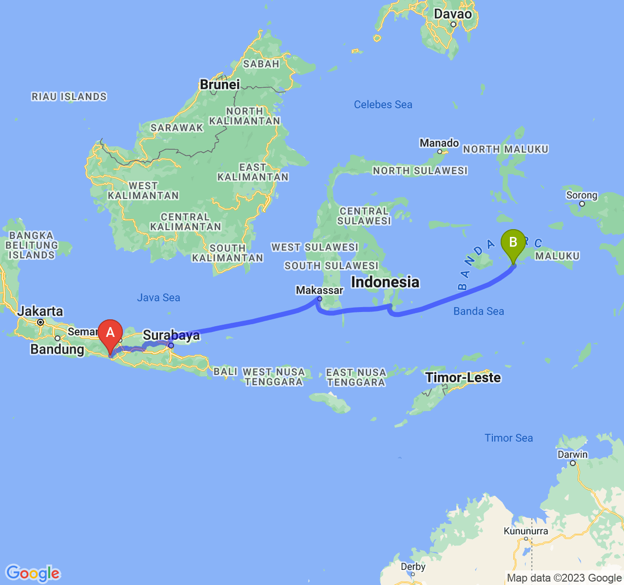 perjalanan dengan rute Kab. Purworejo-Kota Ambon