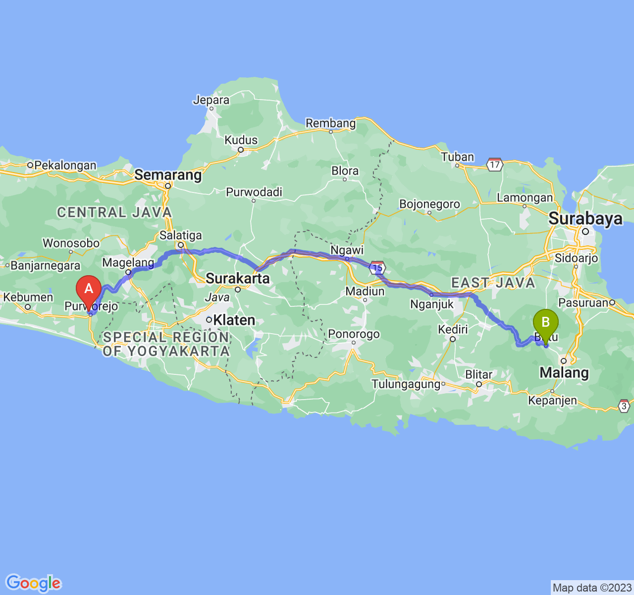 perjalanan dengan rute Kab. Purworejo-Kota Batu