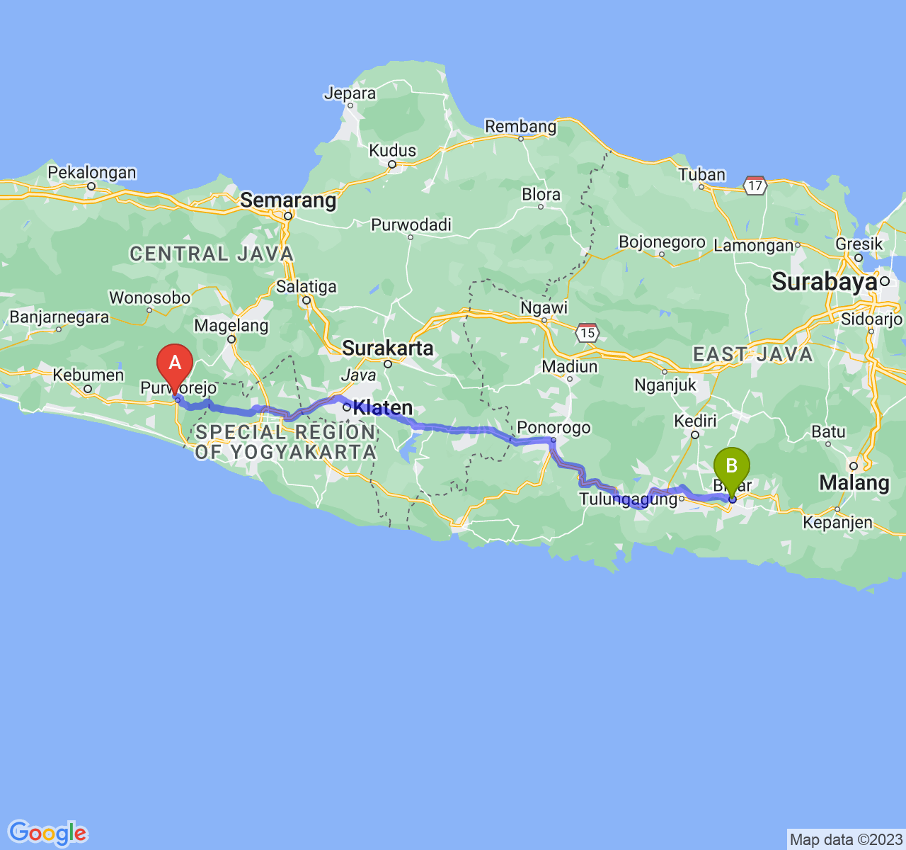 perjalanan dengan rute Kab. Purworejo-Kota Blitar