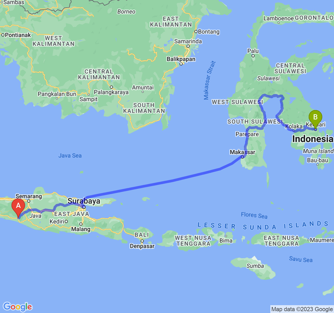 perjalanan dengan rute Kab. Purworejo-Kota Kendari