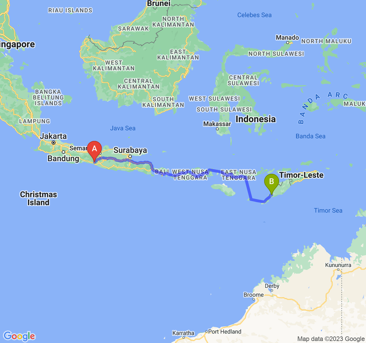 perjalanan dengan rute Kab. Purworejo-Kota Kupang