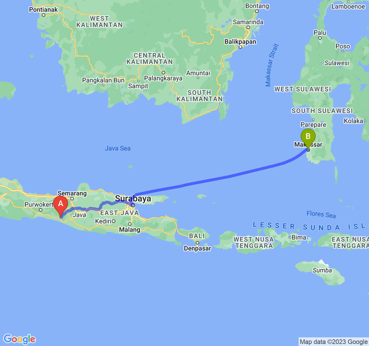 perjalanan dengan rute Kab. Purworejo-Kota Makassar