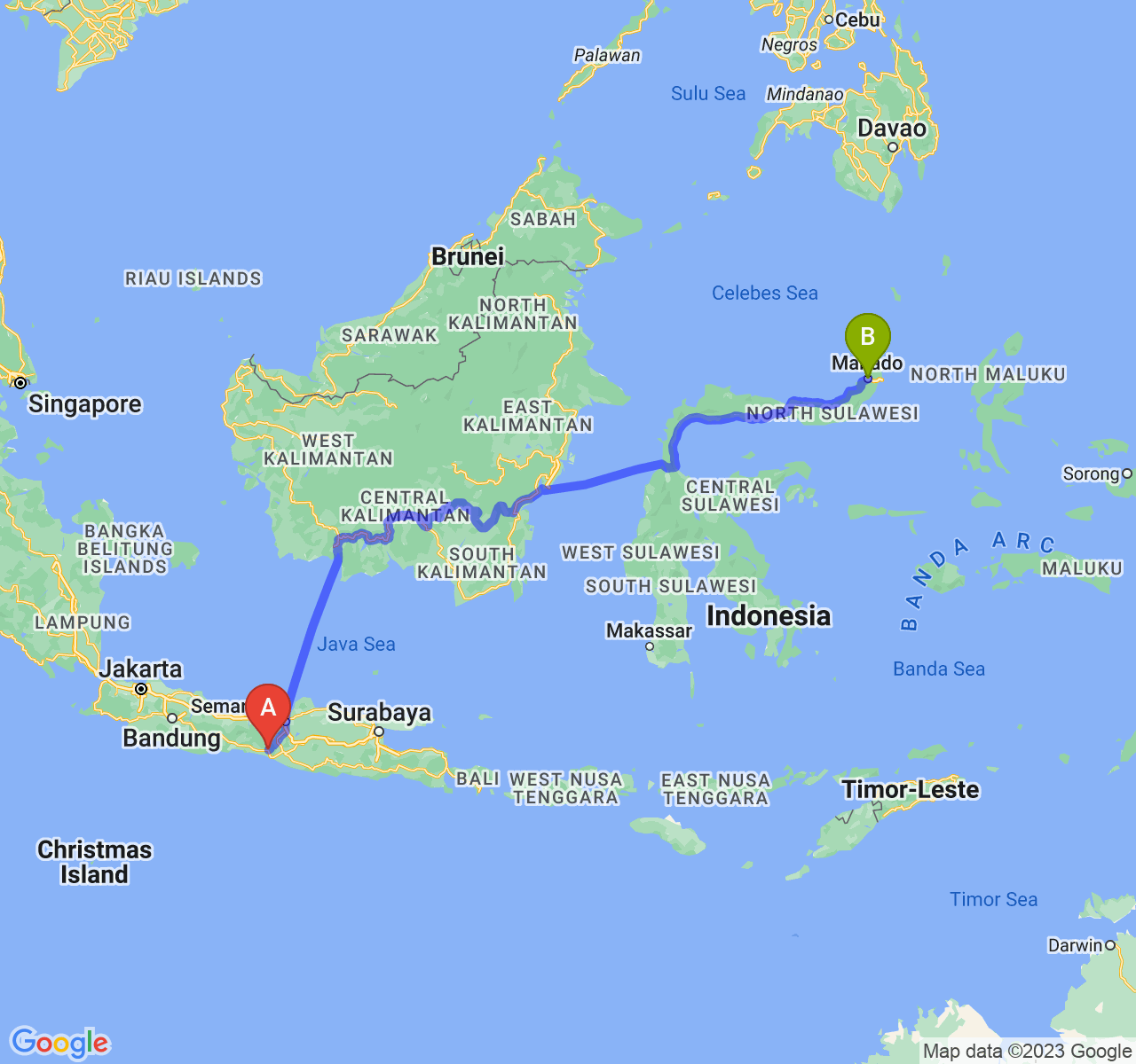 perjalanan dengan rute Kab. Purworejo-Kota Manado