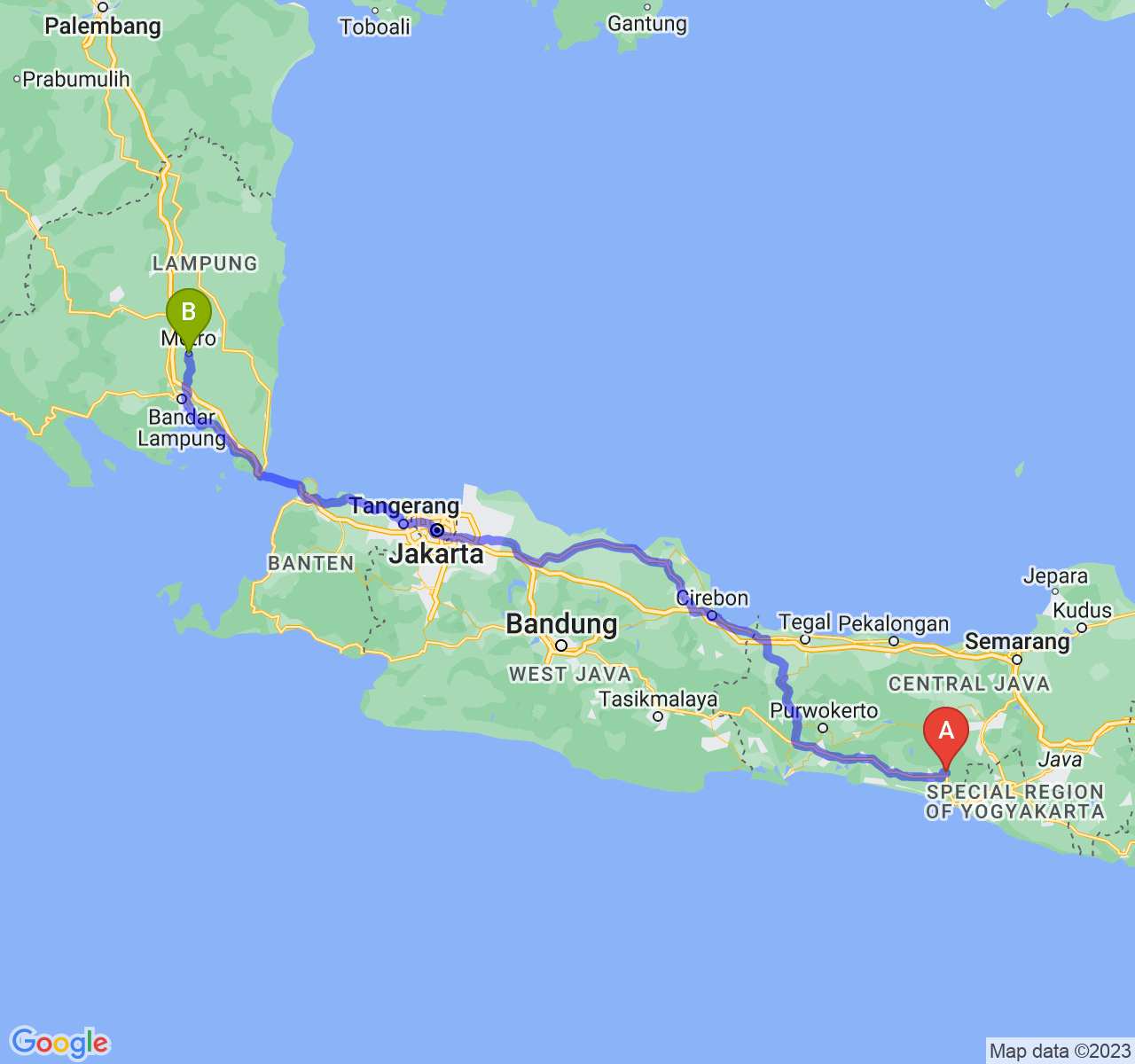 perjalanan dengan rute Kab. Purworejo-Kota Metro