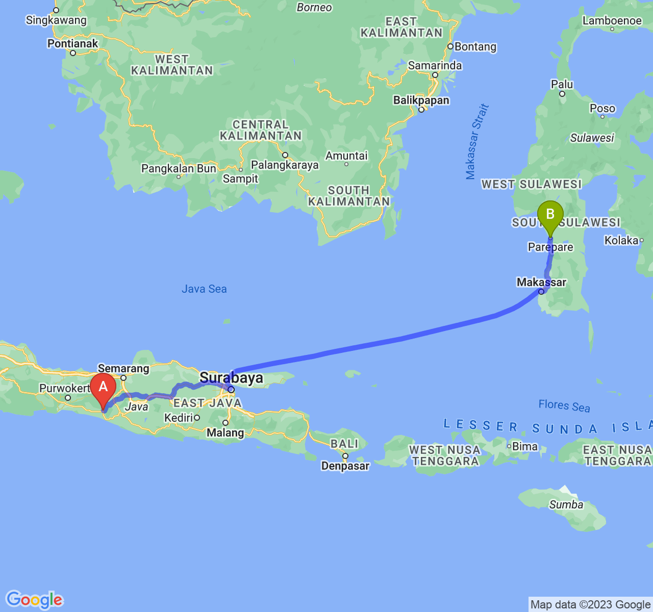 perjalanan dengan rute Kab. Purworejo-Kota Parepare