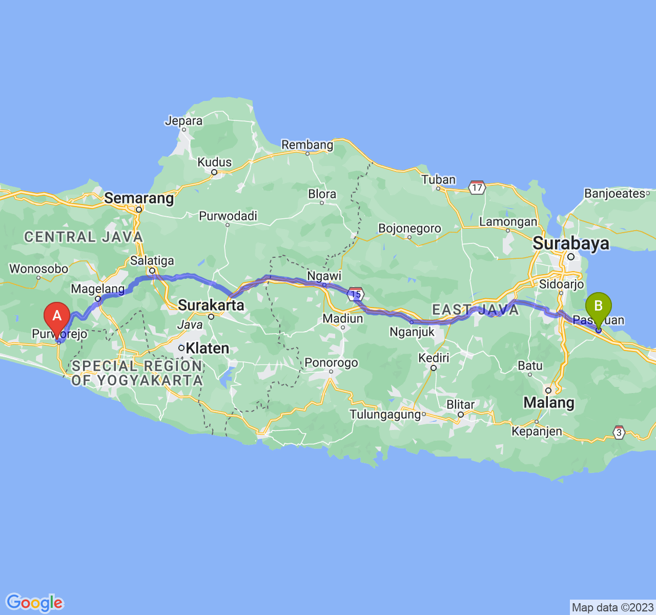 perjalanan dengan rute Kab. Purworejo-Kota Pasuruan