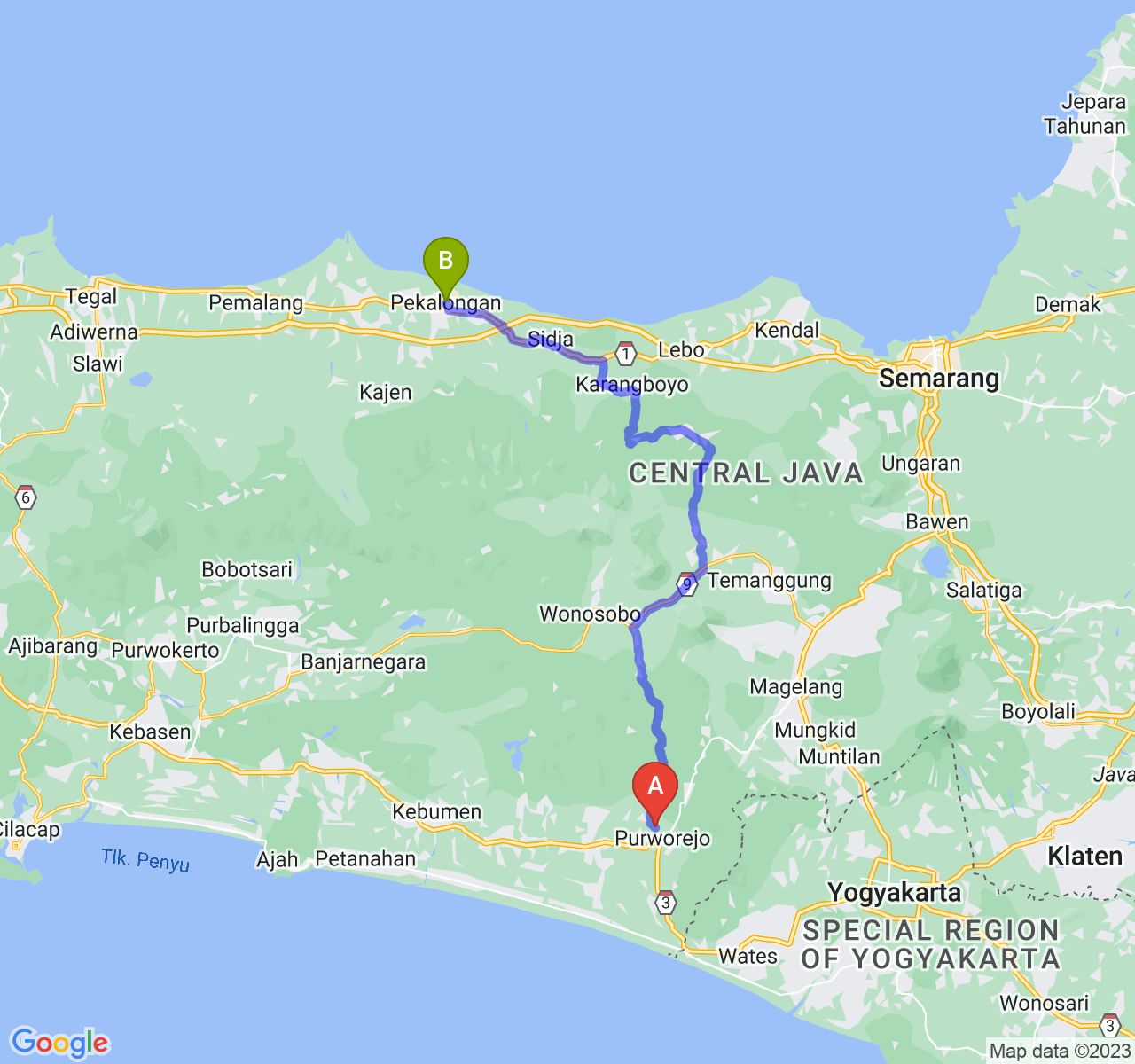 perjalanan dengan rute Kab. Purworejo-Kota Pekalongan