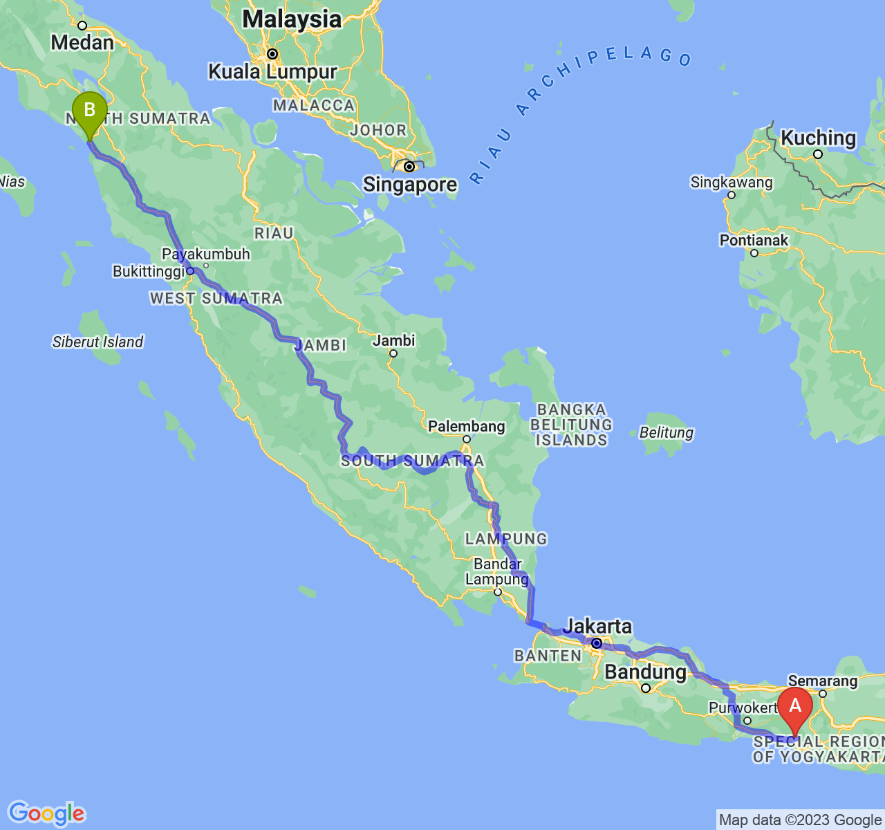 perjalanan dengan rute Kab. Purworejo-Kota Sibolga