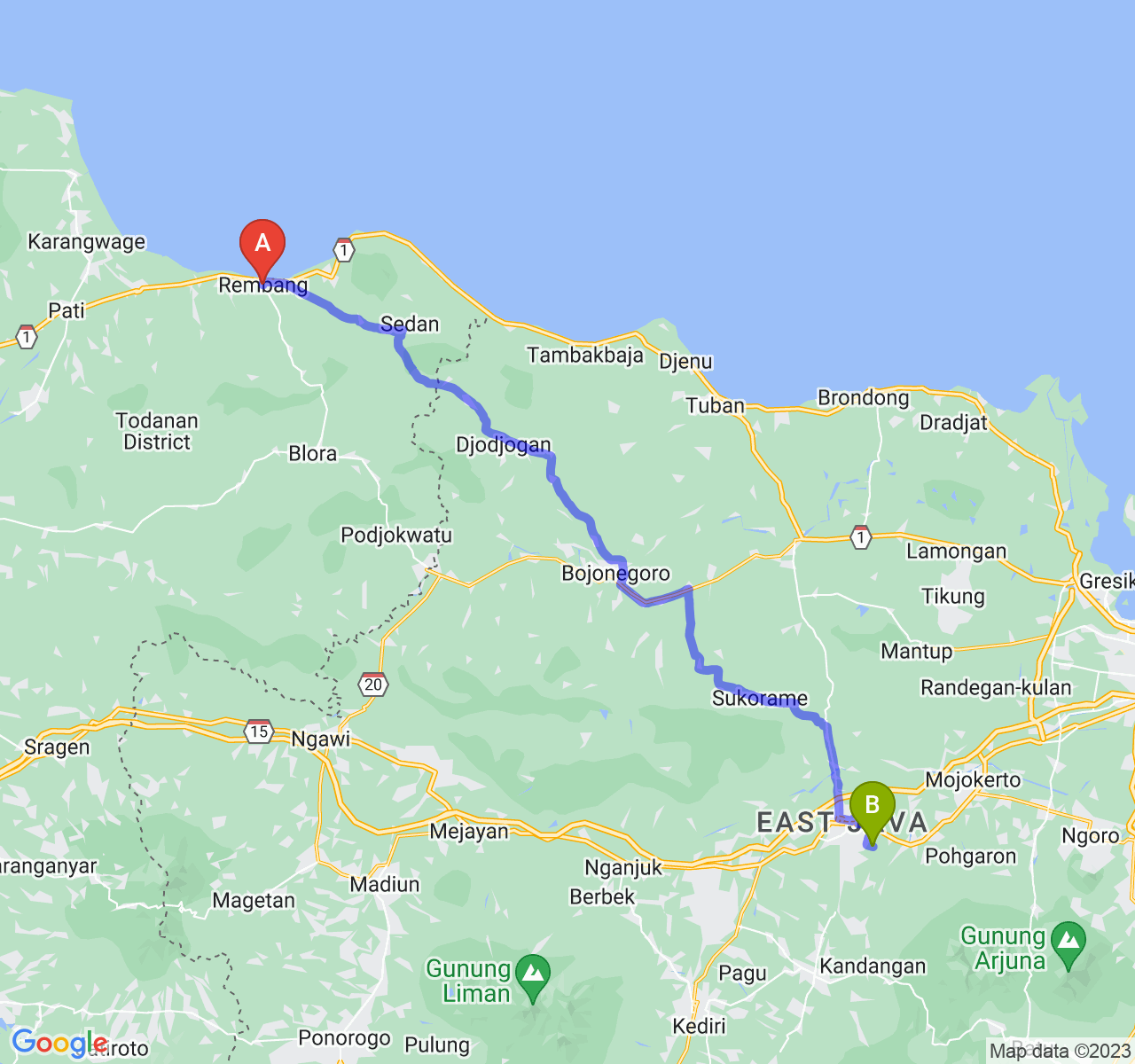 perjalanan dengan rute Kab. Rembang-Kab. Jombang