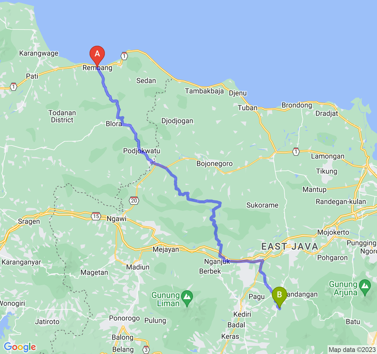 perjalanan dengan rute Kab. Rembang-Kab. Kediri