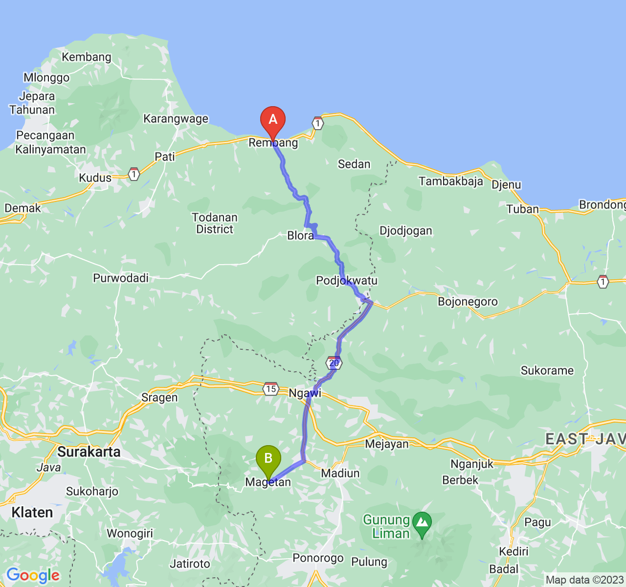 perjalanan dengan rute Kab. Rembang-Kab. Magetan