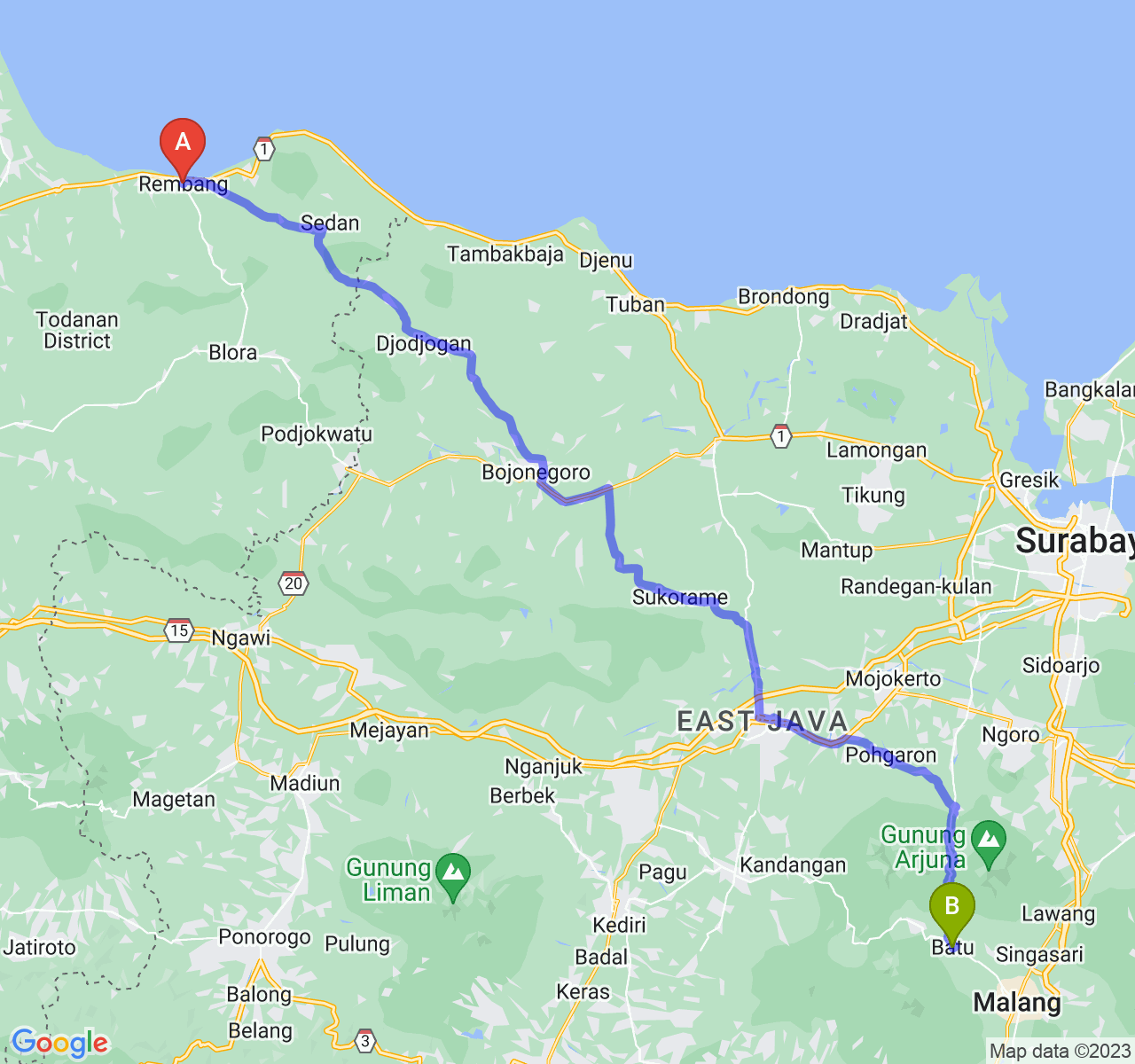 perjalanan dengan rute Kab. Rembang-Kota Batu