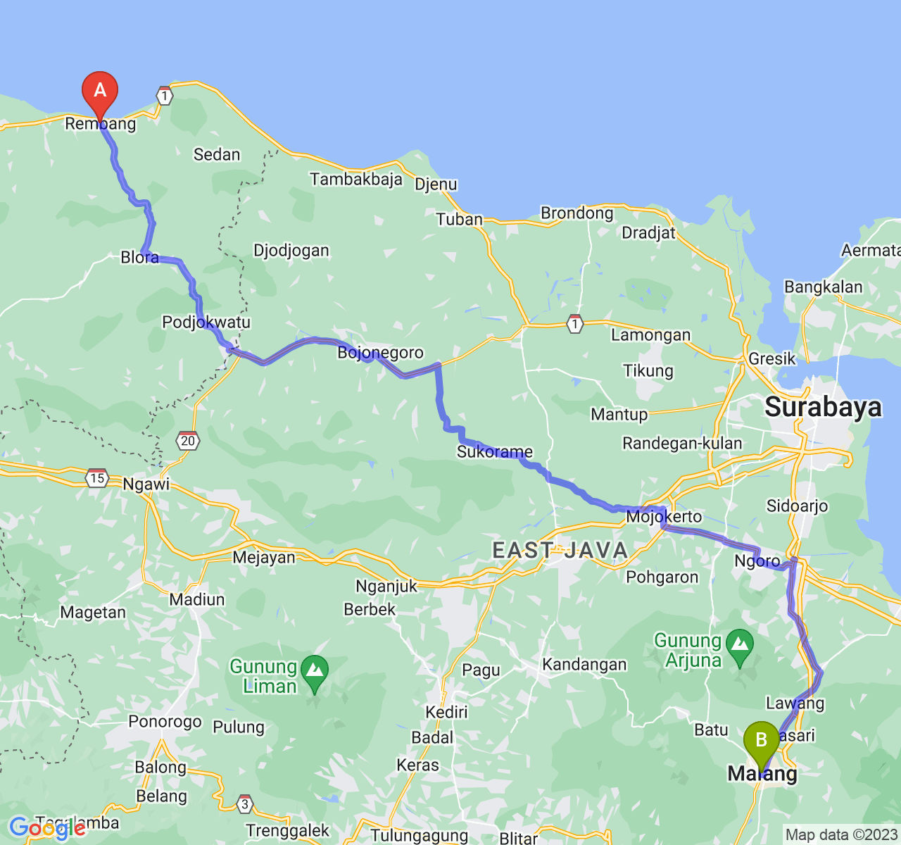 perjalanan dengan rute Kab. Rembang-Kota Malang