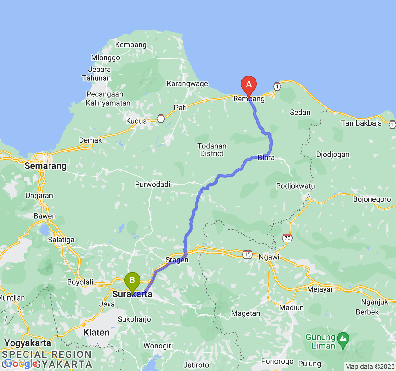 perjalanan dengan rute Kab. Rembang-Kota Surakarta