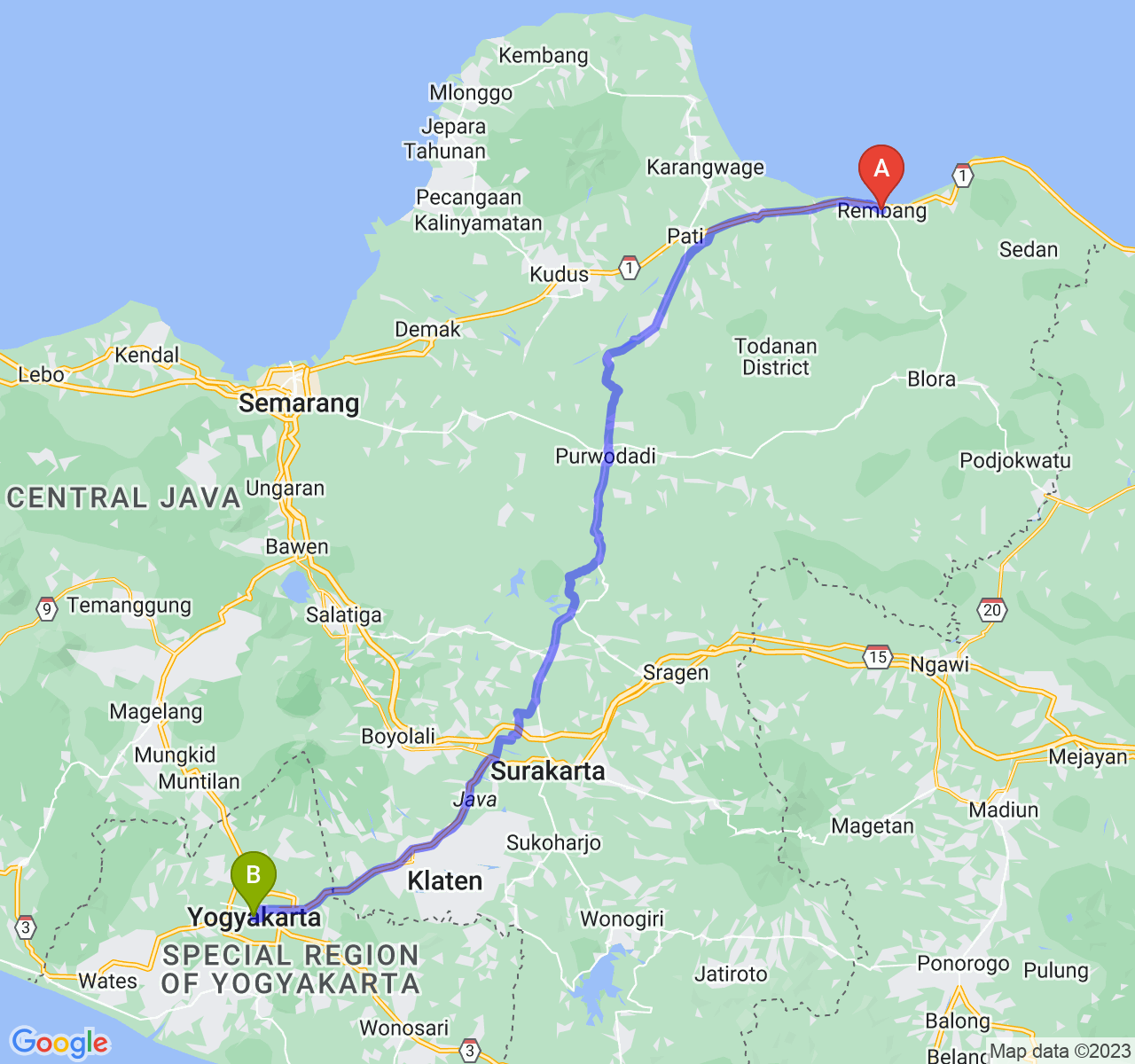 perjalanan dengan rute Kab. Rembang-Kota Yogyakarta